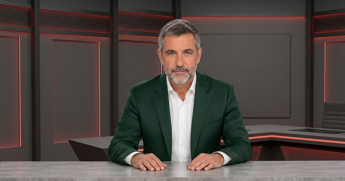 Bosco Álvarez, presentador generado con IA, en el plató de Fuera de guión