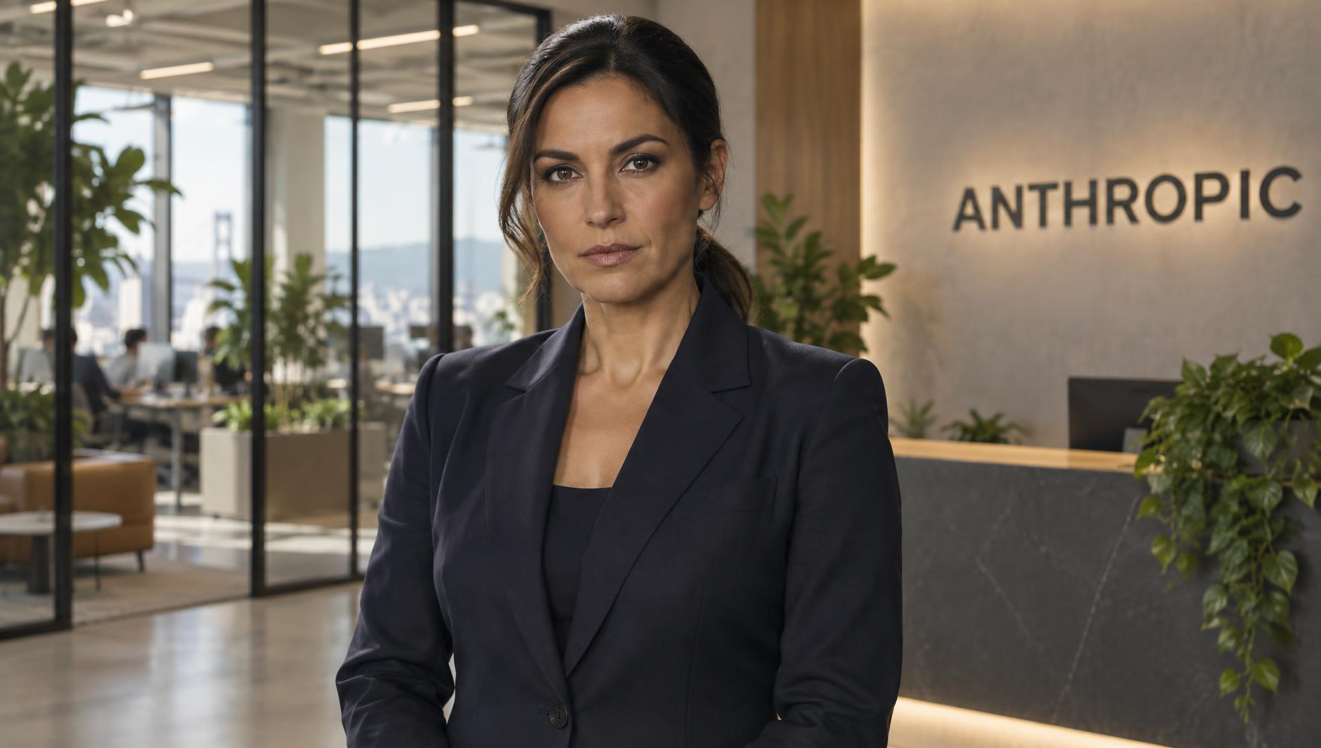 Ana Galileo, redactora generada con IA, ante una recreación de unas oficinas tecnológicas