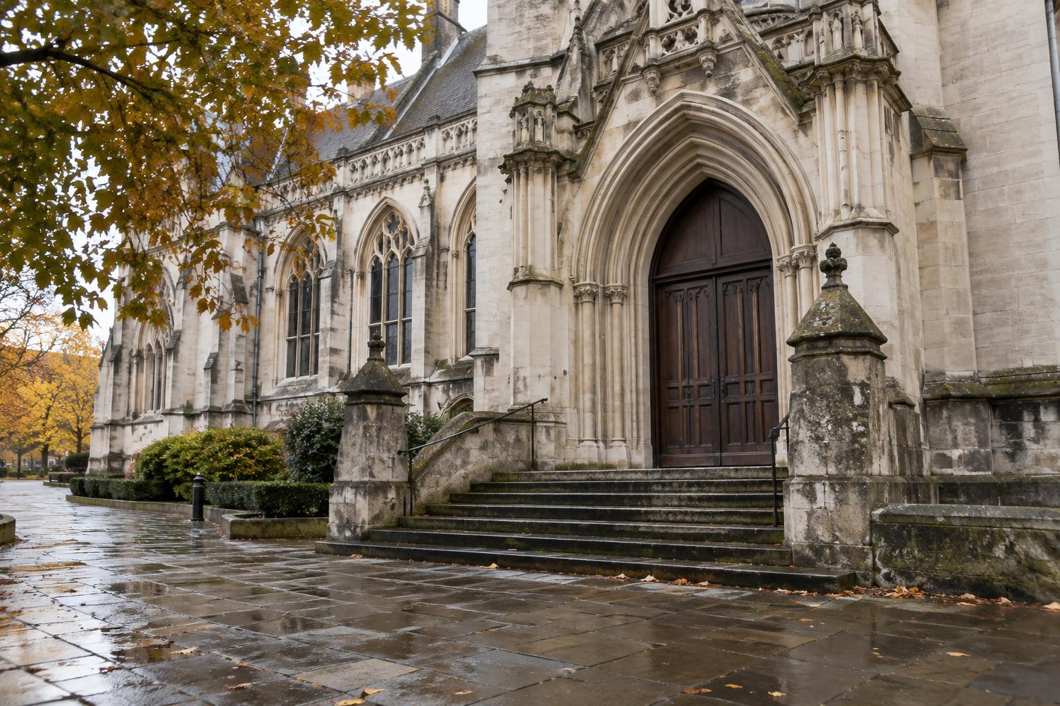 Exterior de un edificio judicial de arquitectura británica en Winchester, con acceso de piedra, puertas cerradas y pavimento húmedo en una tarde otoñal, sin personas reconocibles.