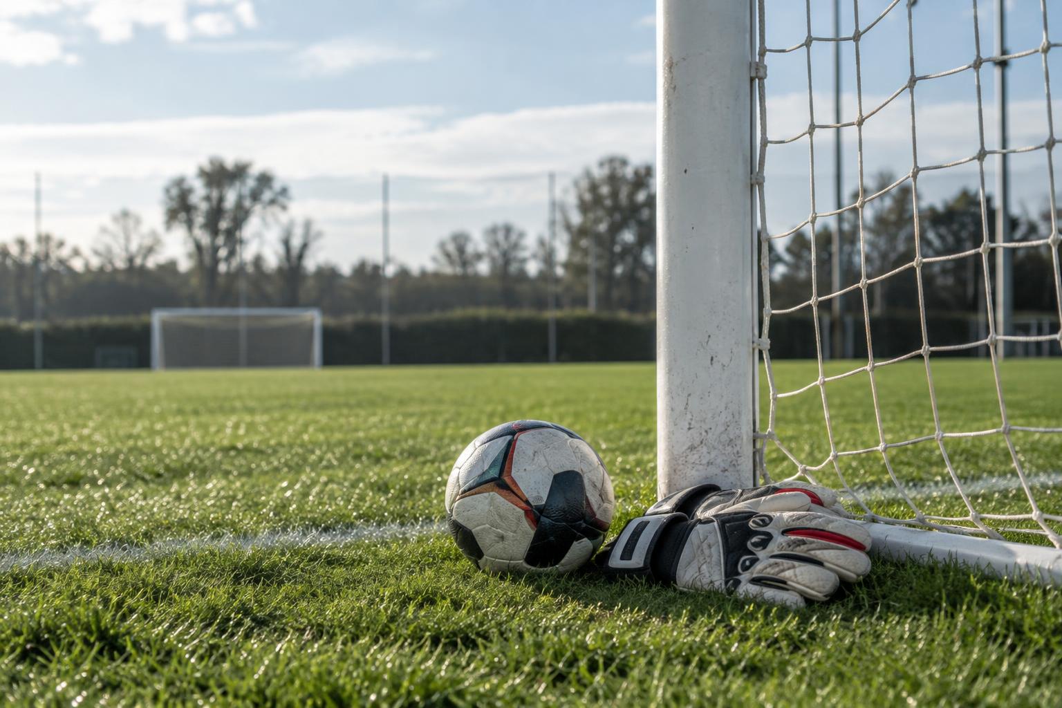 Portería vacía en un campo de entrenamiento de fútbol, con guantes de guardameta y un balón junto al poste, césped húmedo y luz natural de mañana, sin personas ni logotipos visibles.