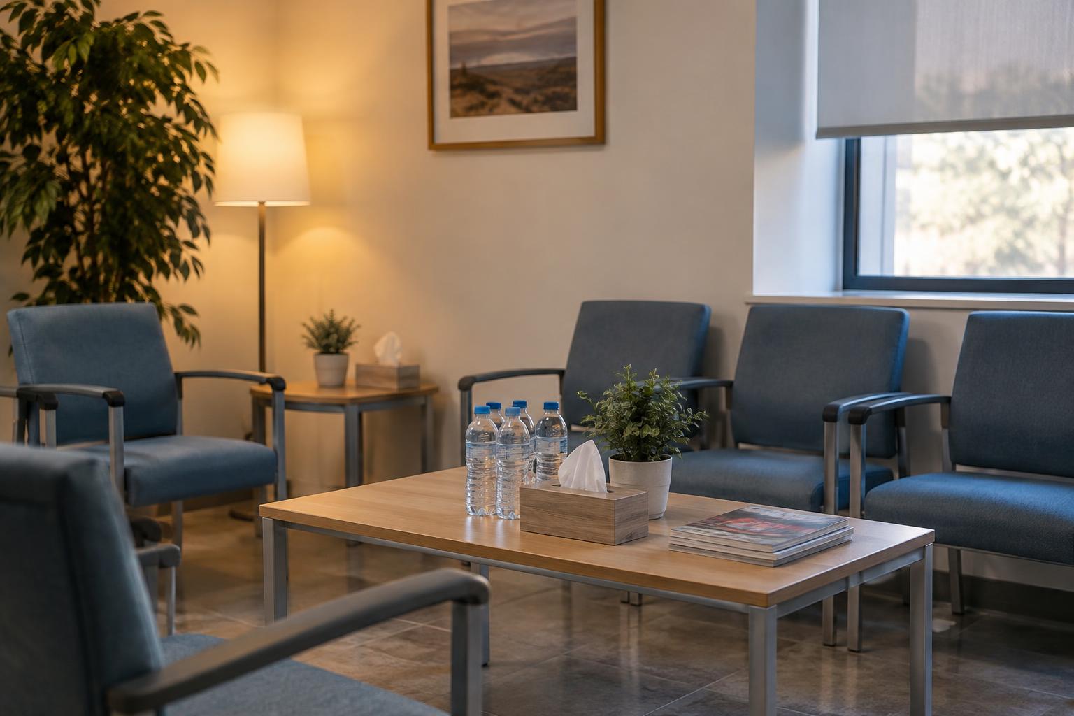 Interior de una sala de espera institucional habilitada para atención a familiares, con sillas, cajas de pañuelos y botellas de agua sobre una mesa, iluminación sobria y sin personas reconocibles.