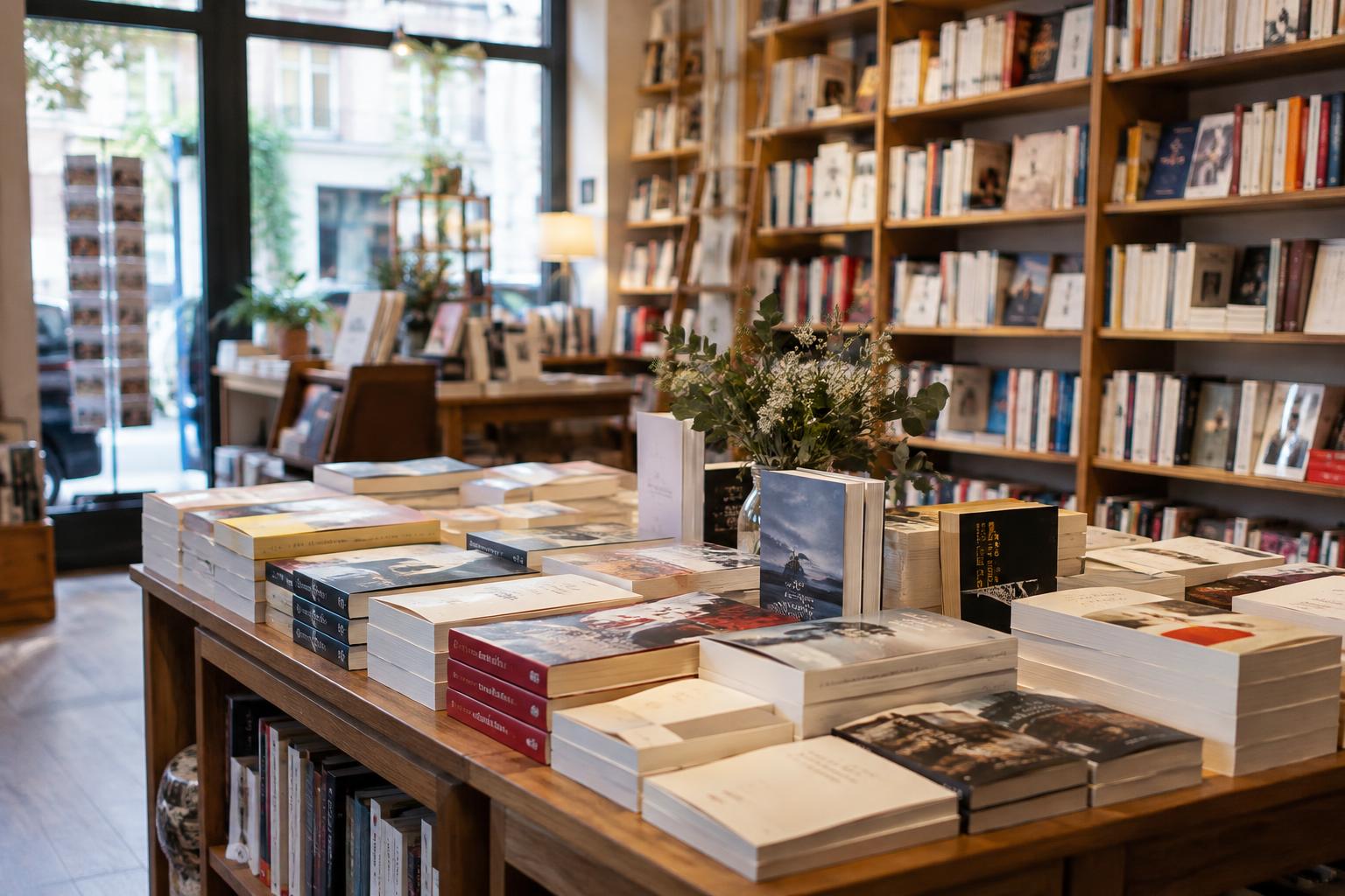 Interior de una librería francesa, con mesas de novelas contemporáneas y estanterías al fondo, luz natural entrando por un escaparate, sin personas reconocibles.