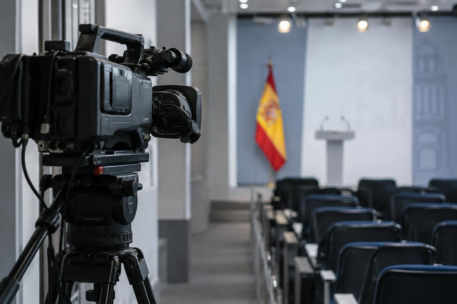Fotografía documental realista de una cámara profesional de televisión apagada en una sala de prensa institucional vacía. La cámara ocupa el primer plano izquierdo, vista de perfil desde un pasillo lateral, y apunta hacia un atril distante y desenfocado junto a una bandera española. Filas de asientos vacíos trazan una diagonal hacia el fondo. Iluminación fría y sobria, sin personas, texto visible, logotipos ni pantallas encendidas.