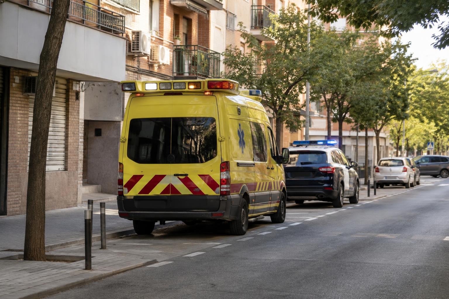 Una calle residencial del distrito madrileño de Puente de Vallecas, con una ambulancia y un vehículo policial estacionados junto a la acera, sin heridos visibles ni personas reconocibles.