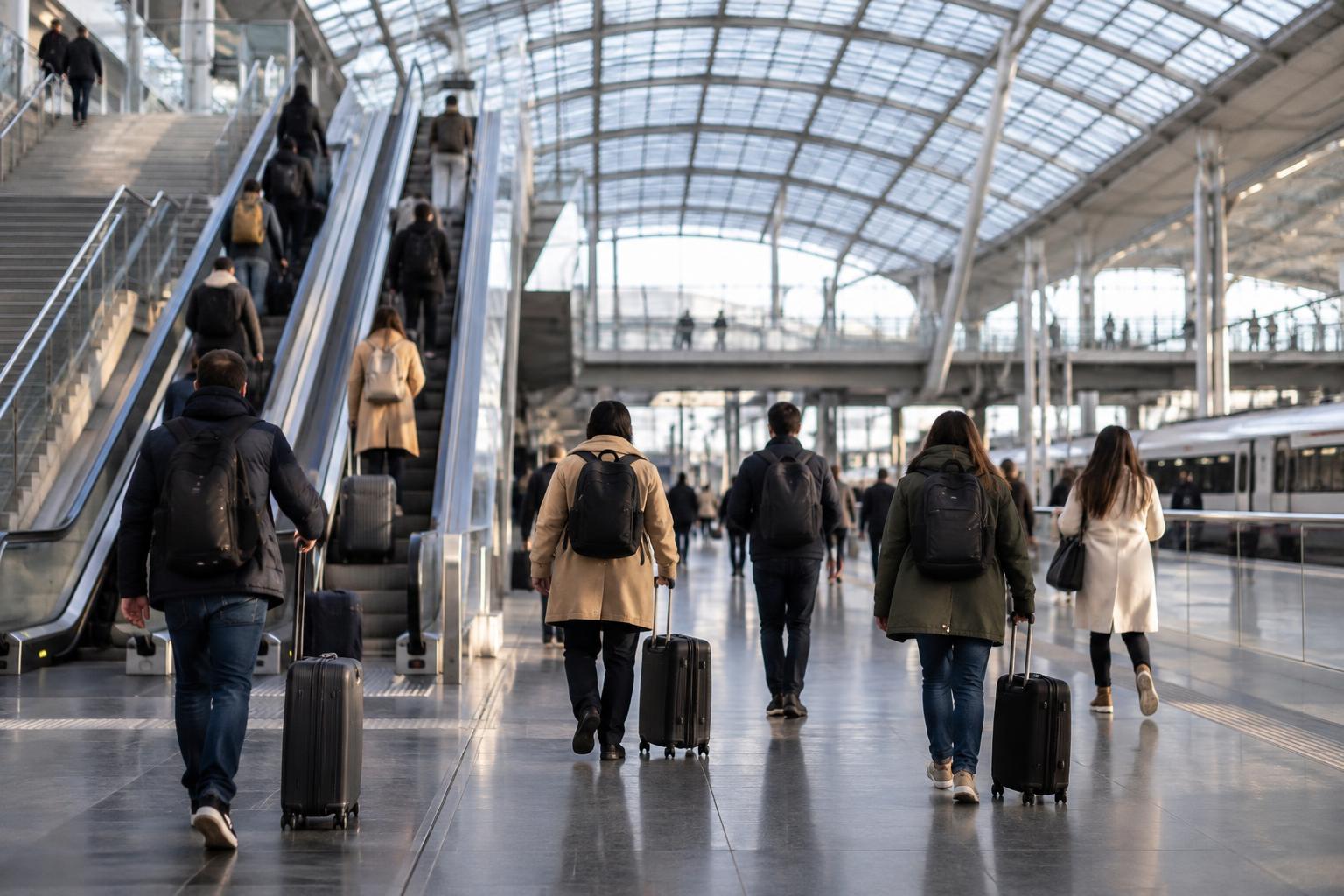 Interior de una gran estación ferroviaria contemporánea, con escaleras mecánicas, paneles de información y varios viajeros anónimos vistos de espaldas bajo una cubierta de metal y cristal, luz natural y ambiente cotidiano.