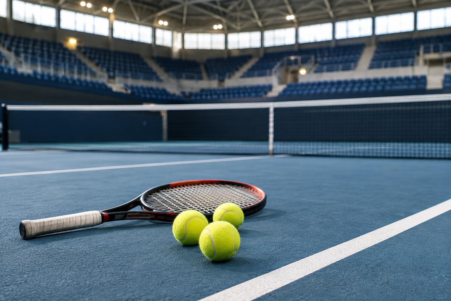 Vista a ras de pista de una cancha de tenis cubierta, con una raqueta y varias pelotas junto a la línea de fondo, red al centro y gradas iluminadas al fondo, sin personas reconocibles.