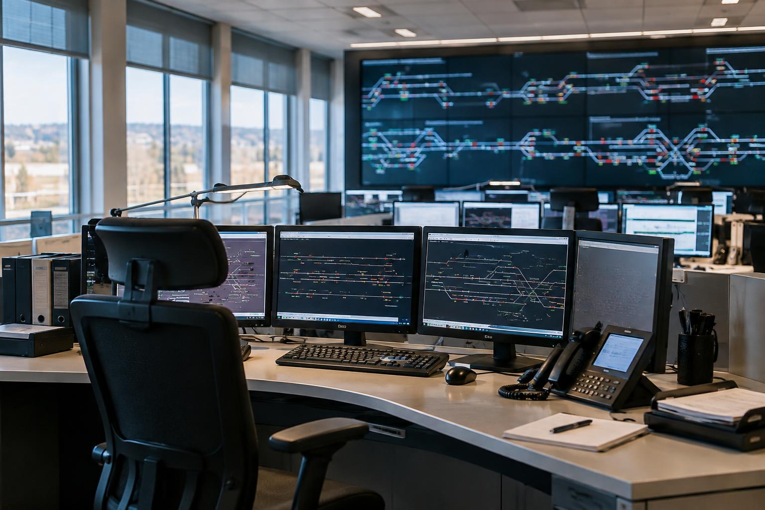Interior de una sala de control ferroviario con puestos de trabajo, pantallas de diagramas de vías y equipos de comunicaciones, sin personas reconocibles ni logotipos.