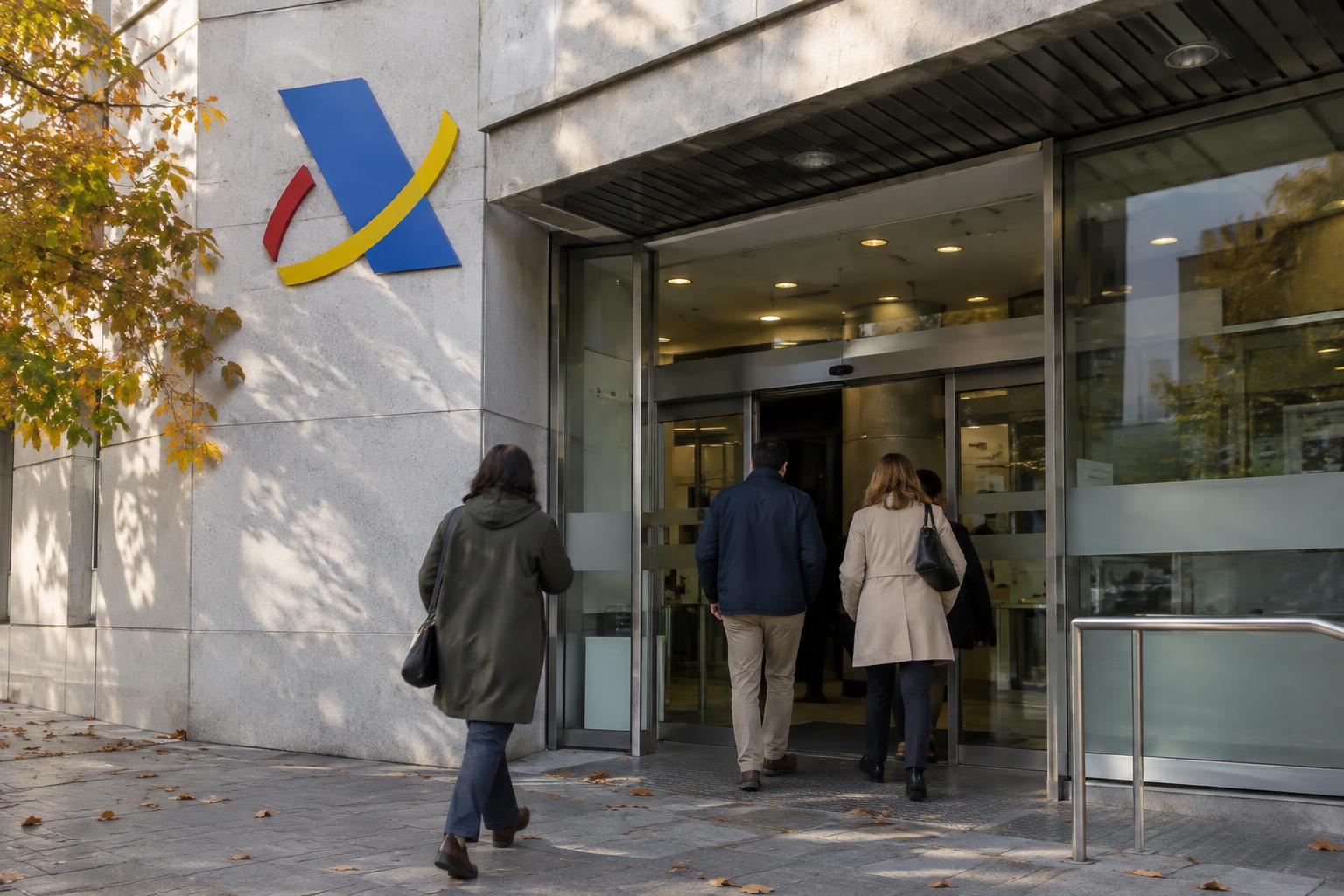Exterior de una oficina de la Agencia Tributaria en una ciudad española, con el rótulo institucional visible y ciudadanos no reconocibles entrando por la puerta, en una mañana de otoño.
