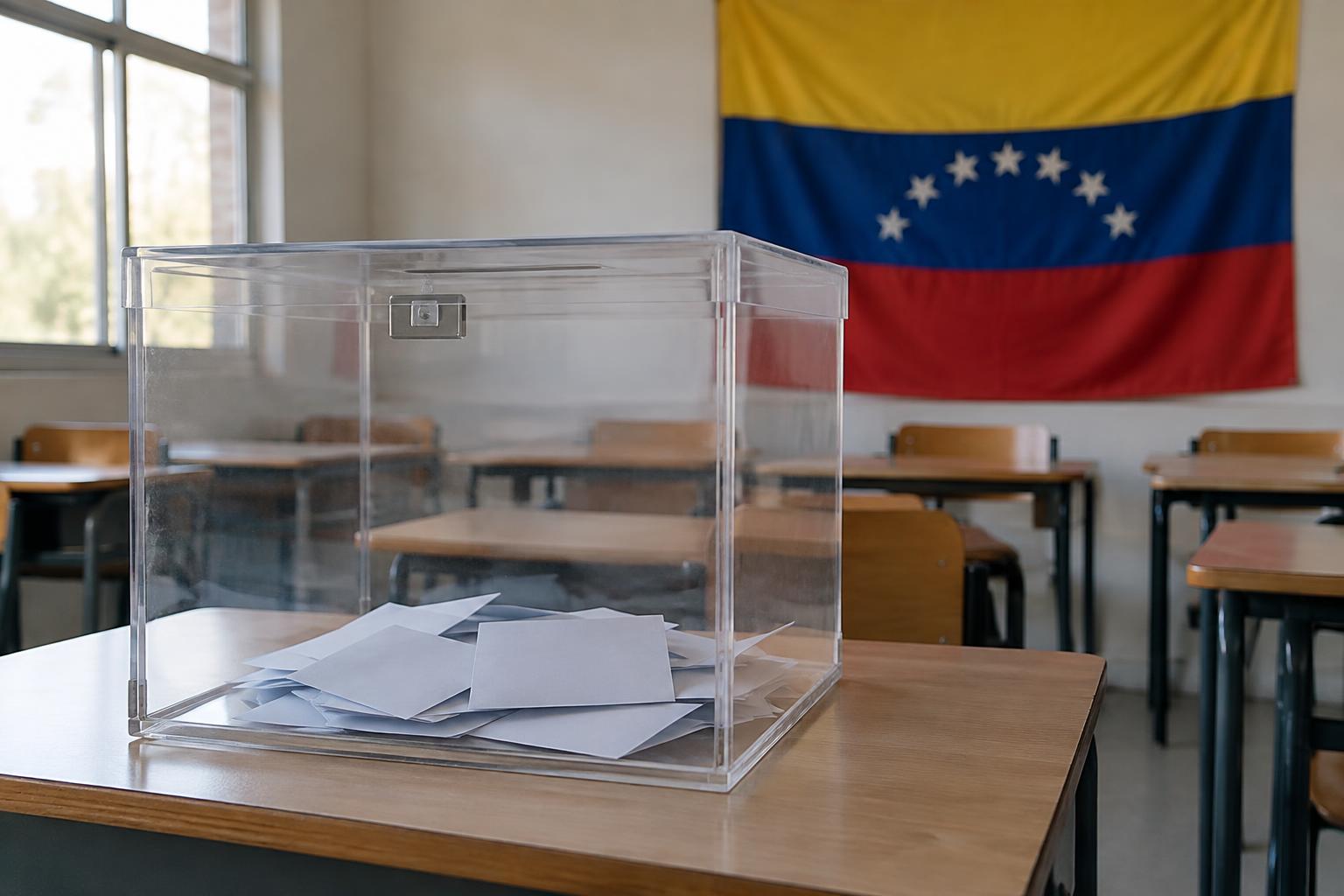 Primer plano de una urna electoral transparente sobre una mesa en un aula vacía, con una bandera venezolana al fondo, iluminación natural y sin personas.
