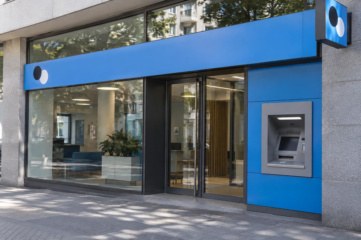 Exterior de una sucursal de Banco Sabadell en una calle urbana española, con el rótulo de la entidad y un cajero automático junto a la entrada, luz diurna y sin personas reconocibles.
