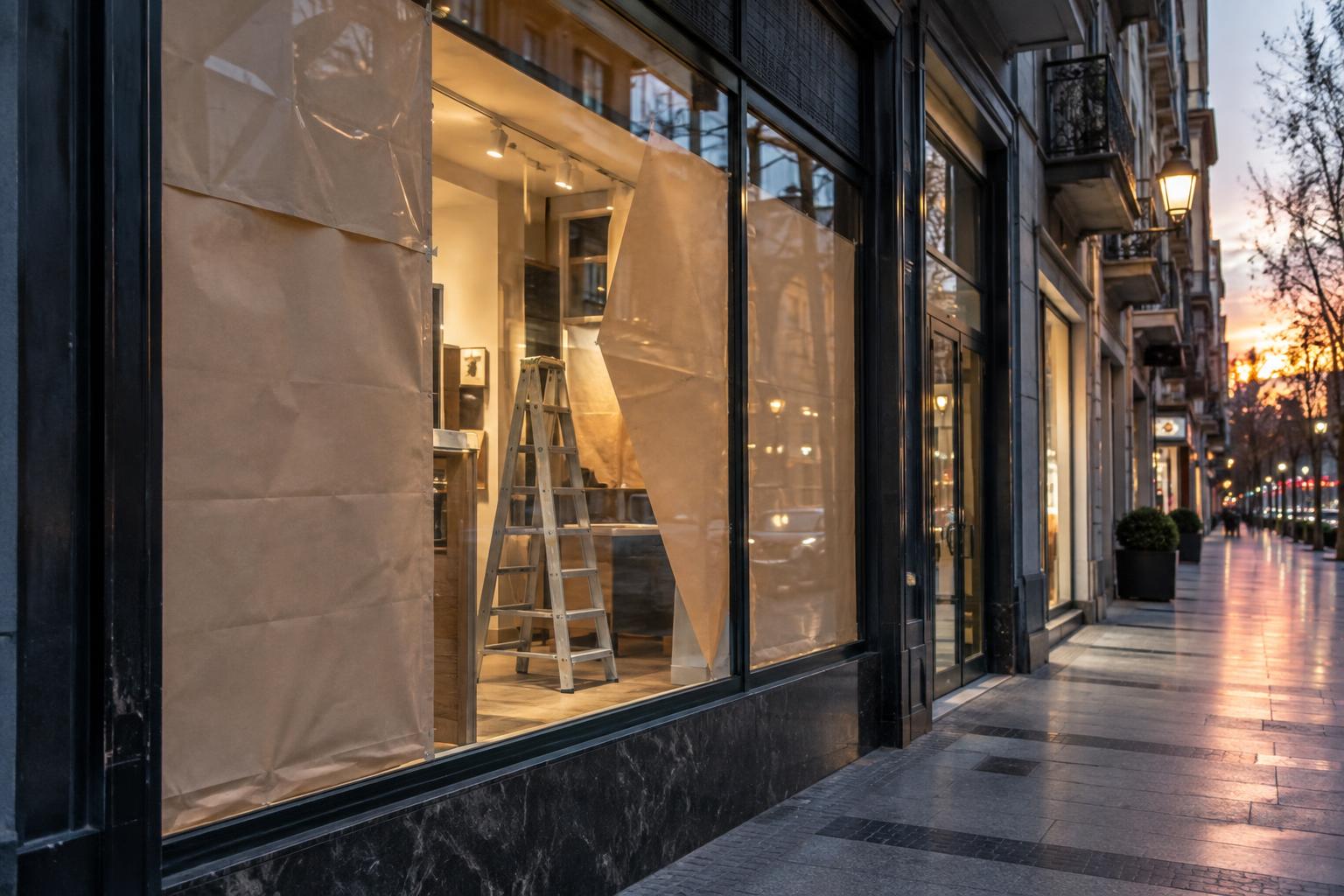 Escaparate de un comercio de la Gran Vía de Bilbao parcialmente cubierto con papel de estraza, con una escalera metálica en el interior y la calle al atardecer, sin personas reconocibles.