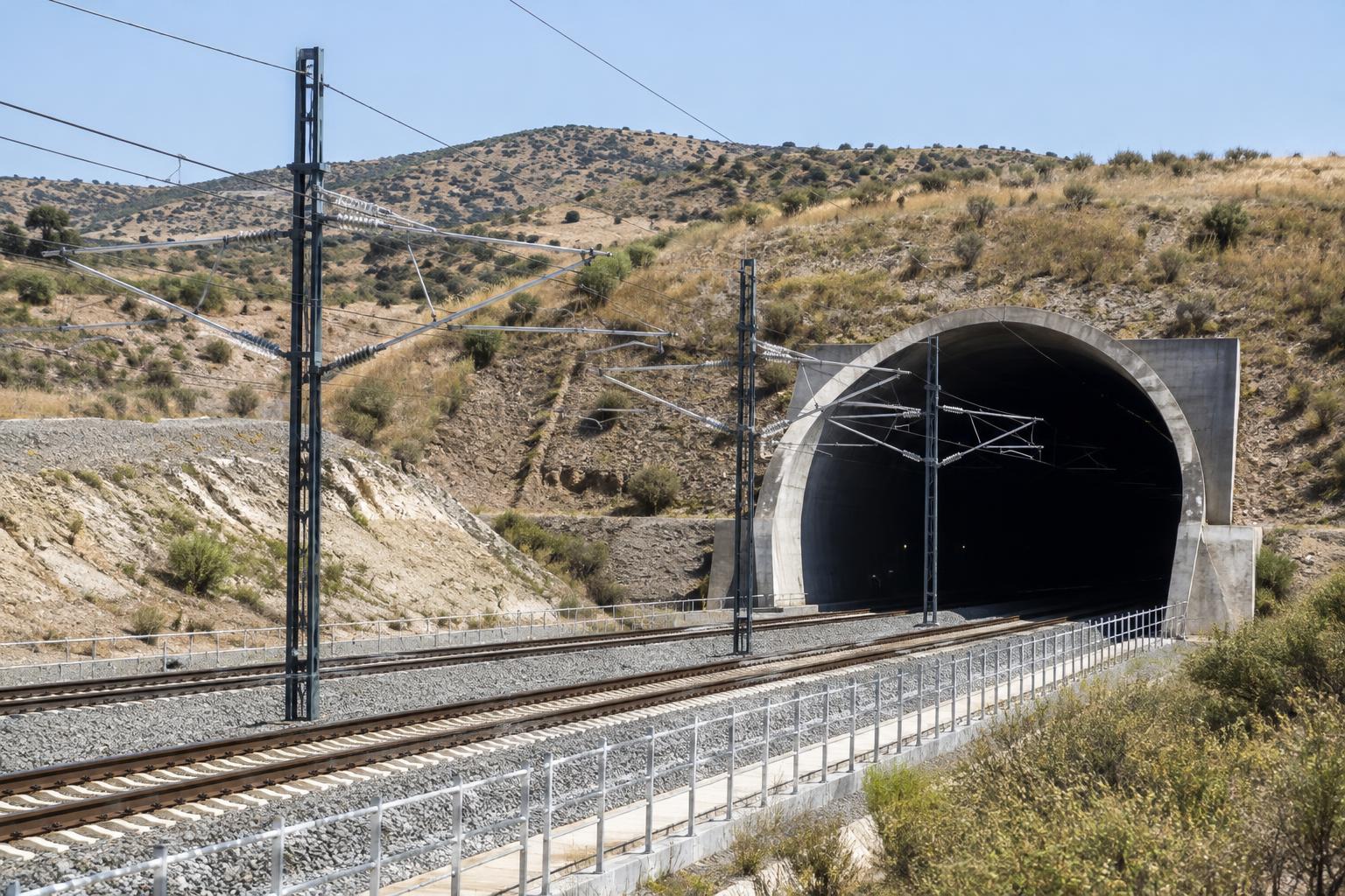 Entrada de un túnel ferroviario de alta velocidad en un paisaje seco del sur de Madrid, con vías y tendido de catenaria visibles, luz diurna y sin personas reconocibles.