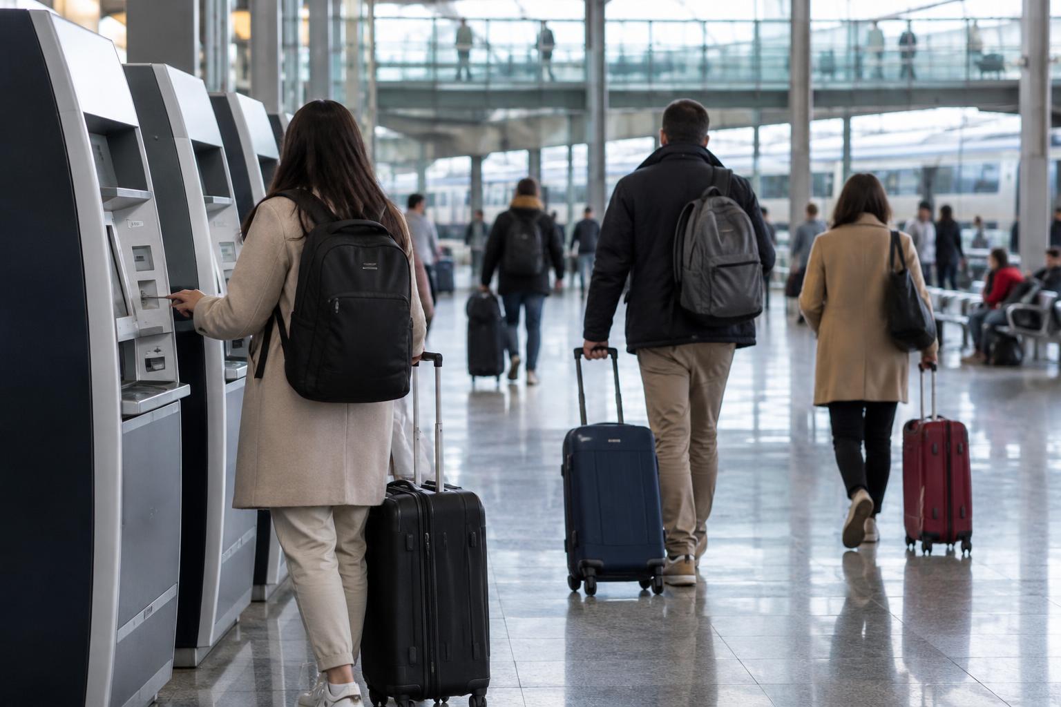 Vestíbulo de una estación española de alta velocidad, con máquinas de venta de billetes en primer plano y viajeros de espaldas con maletas, sin personas reconocibles.
