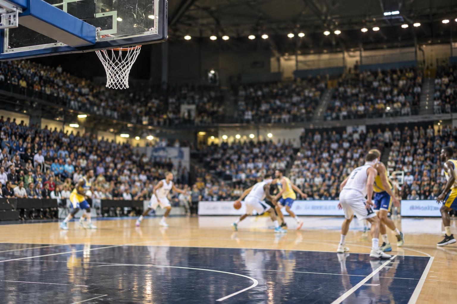Vista realista desde una esquina de una pista cubierta de baloncesto, con la canasta en primer plano, jugadores de blanco y de amarillo y azul desenfocados y sin rostros reconocibles, y gradas iluminadas al fondo.