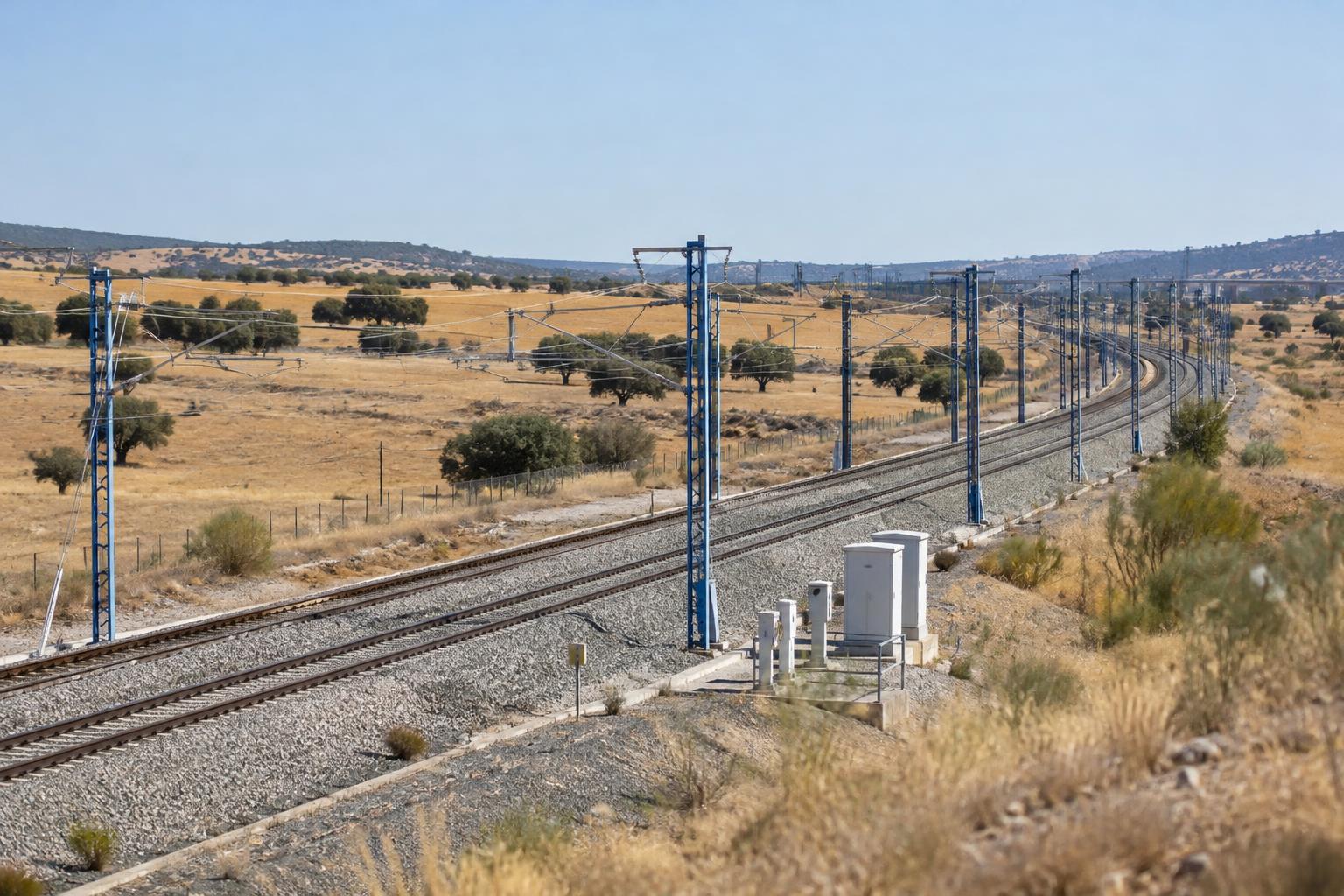 Vista realista de una línea ferroviaria de alta velocidad en un paisaje seco del centro de España, con vías, catenarias y armarios técnicos de señalización junto al trazado, sin trenes accidentados ni personas reconocibles.