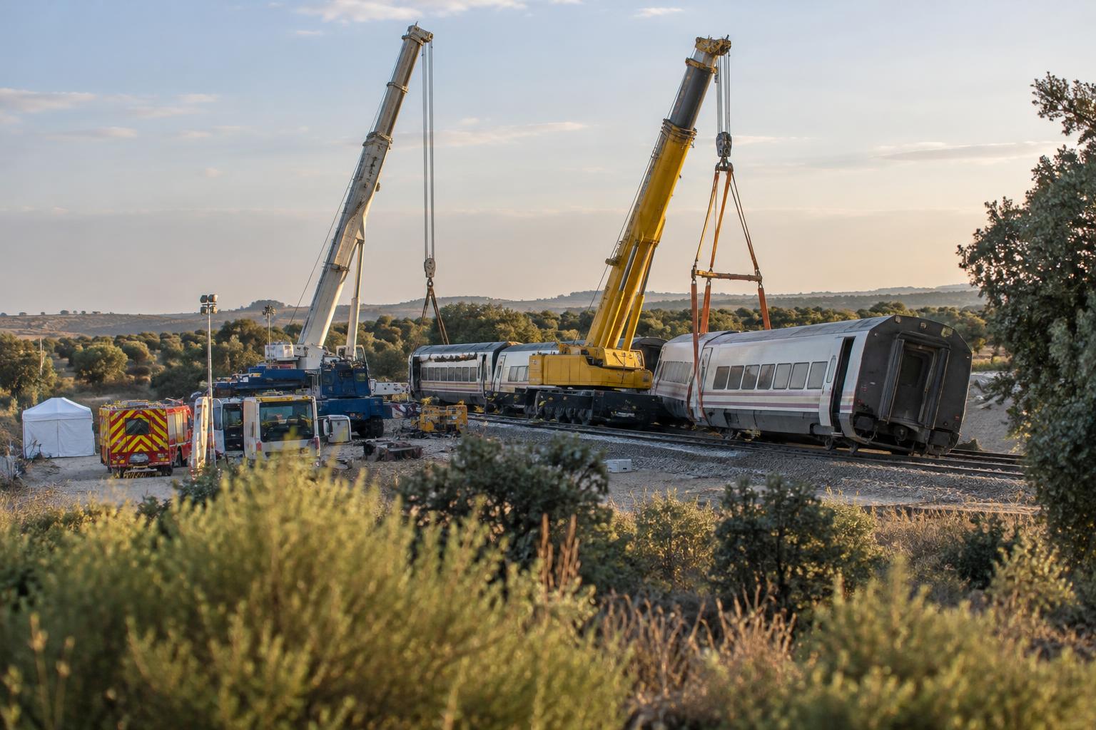Vista general de un operativo ferroviario de emergencia en un entorno rural de Toledo, con grúas junto a vagones accidentados y vehículos de rescate detrás de un perímetro de seguridad, sin víctimas visibles ni personas reconocibles.