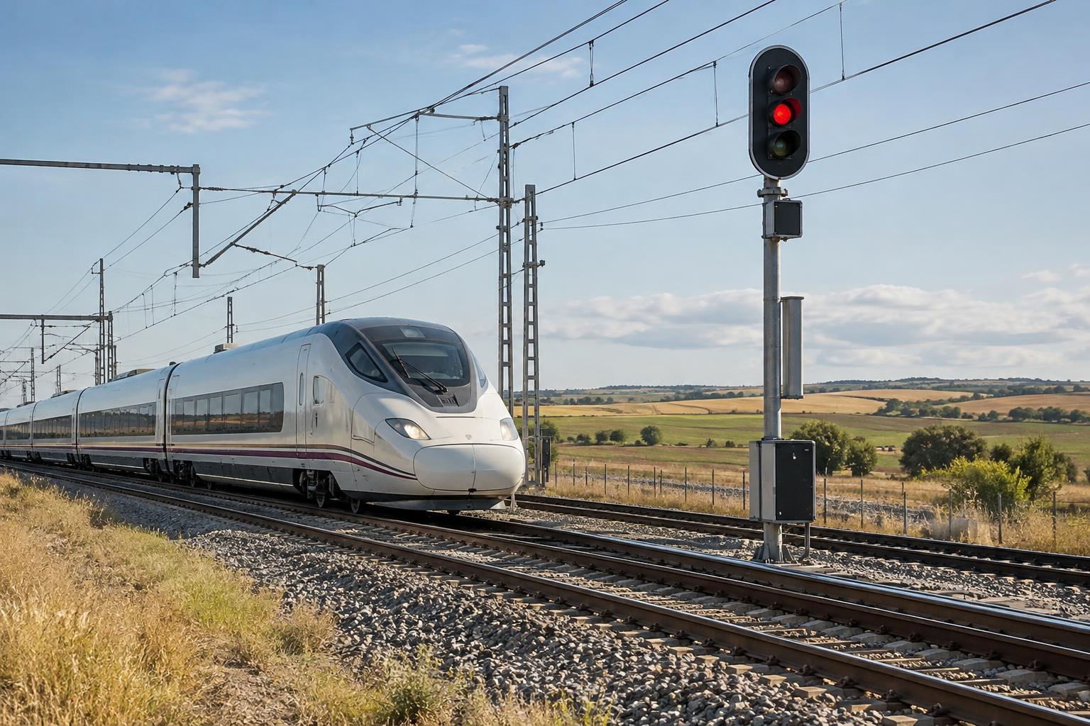Tren de alta velocidad detenido junto a una señal ferroviaria en un tramo de doble vía de la meseta española, con catenarias y paisaje abierto, sin personas reconocibles.