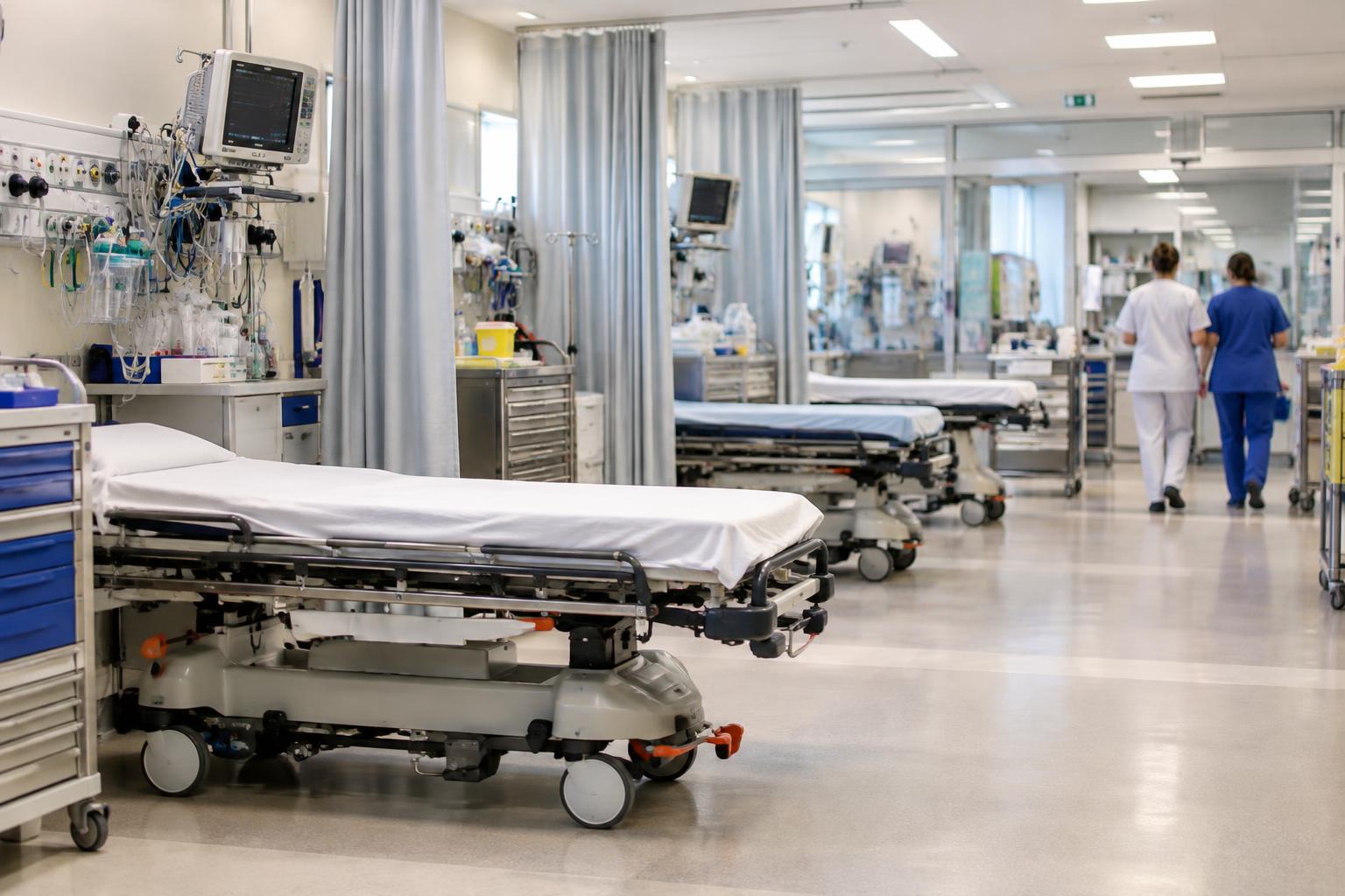 Interior de un área de urgencias hospitalarias, con boxes preparados, camillas vacías y material de asistencia ordenado; personal sanitario de espaldas al fondo, sin personas reconocibles ni pacientes visibles.