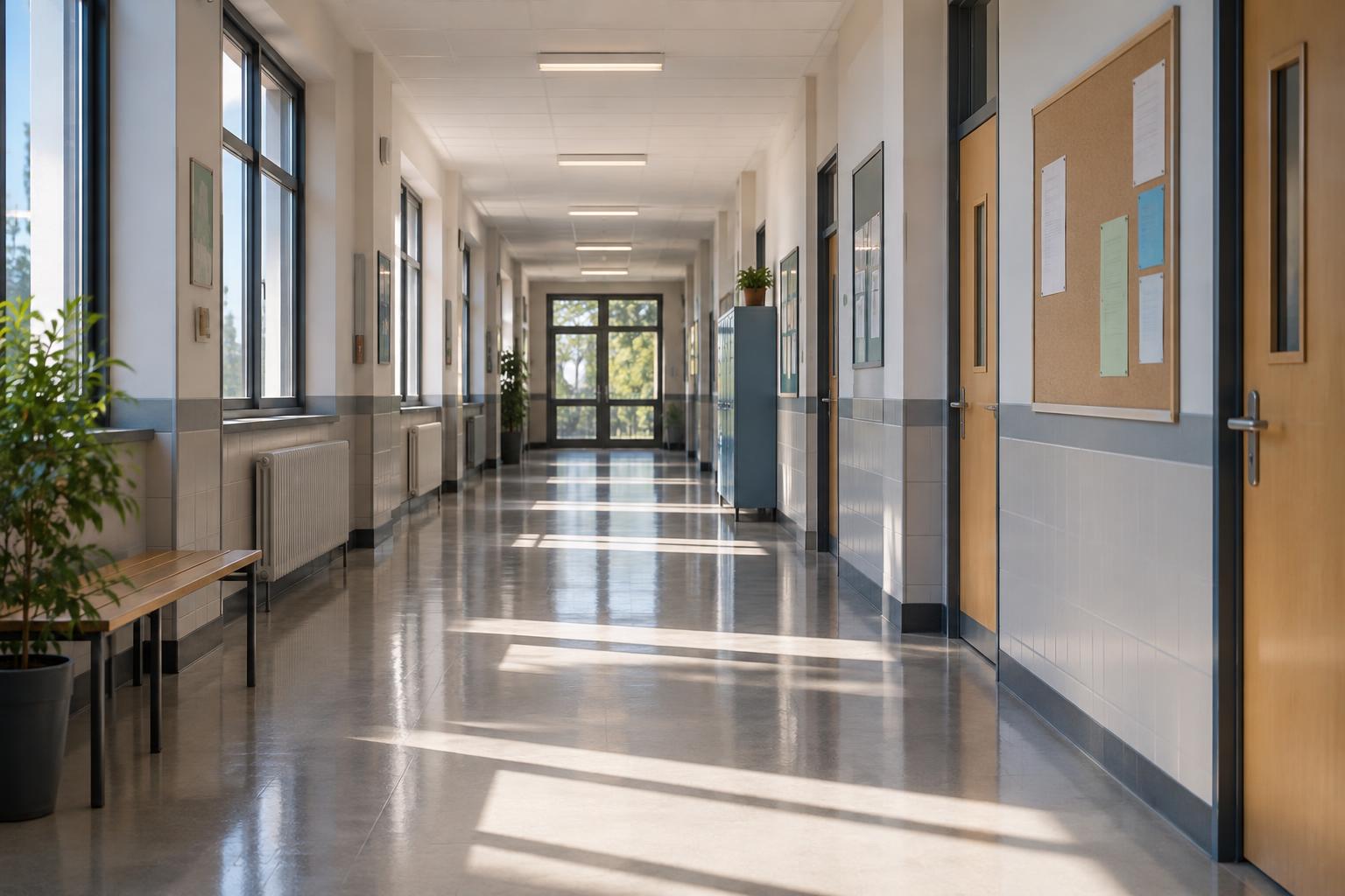 Pasillo vacío de un centro educativo, con puertas de aulas, tablón de anuncios y luz natural entrando por las ventanas, en una escena sobria y realista, sin personas ni logotipos.