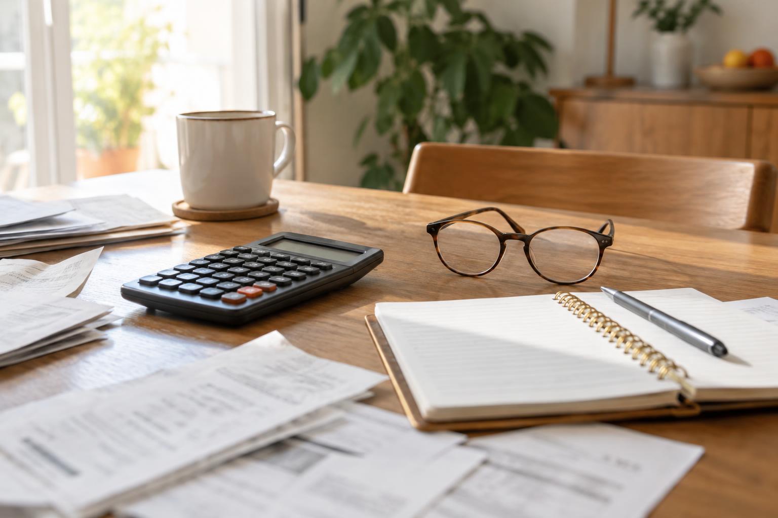 Mesa de una vivienda española con una calculadora, gafas de lectura, recibos domésticos y una libreta de cuentas abierta, luz natural de mañana, sin personas ni datos personales legibles.