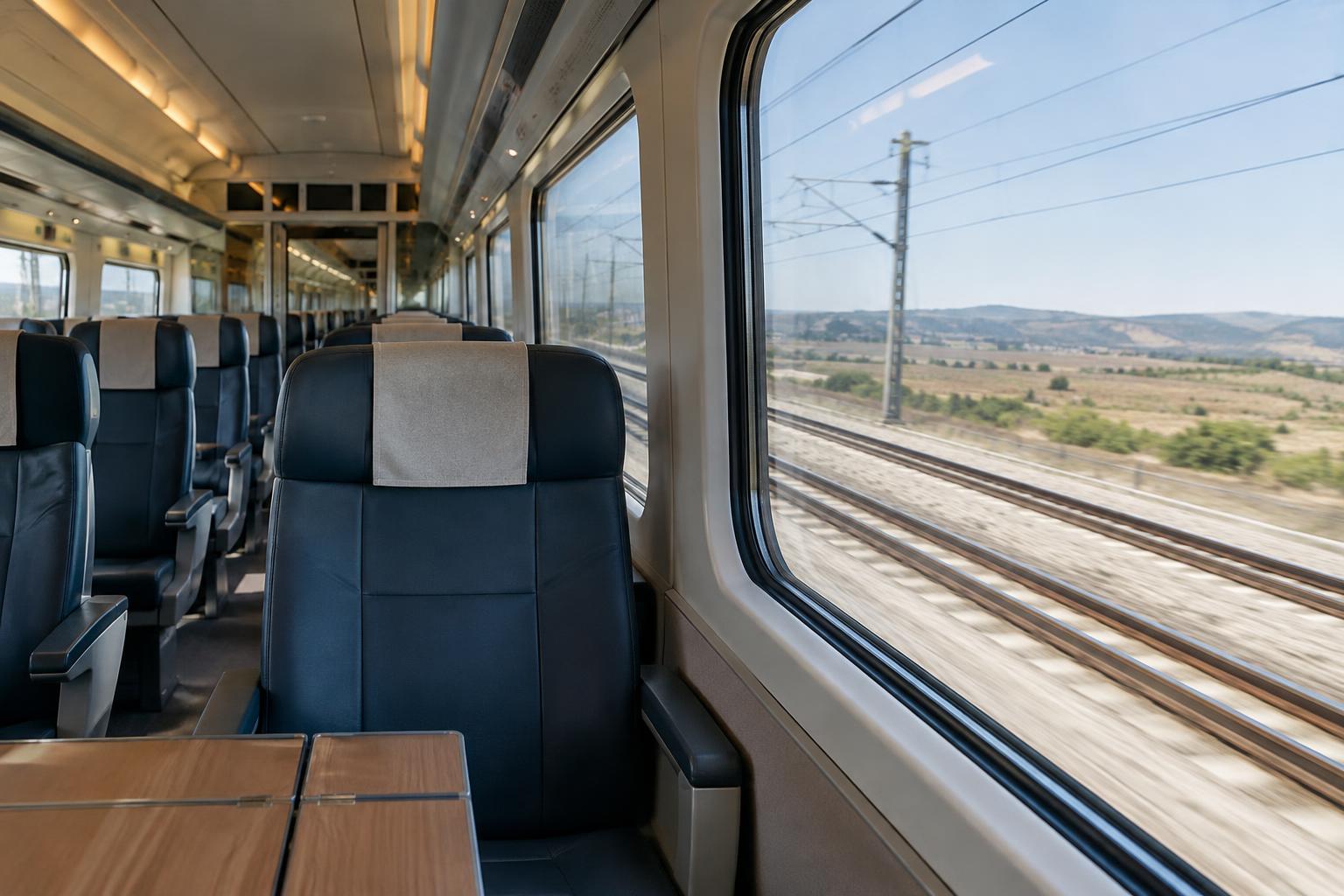 Interior vacío de un coche de tren de alta velocidad, con filas de asientos y una vía ferroviaria visible a través de la ventanilla, luz natural sobria, sin personas ni marcas reconocibles.