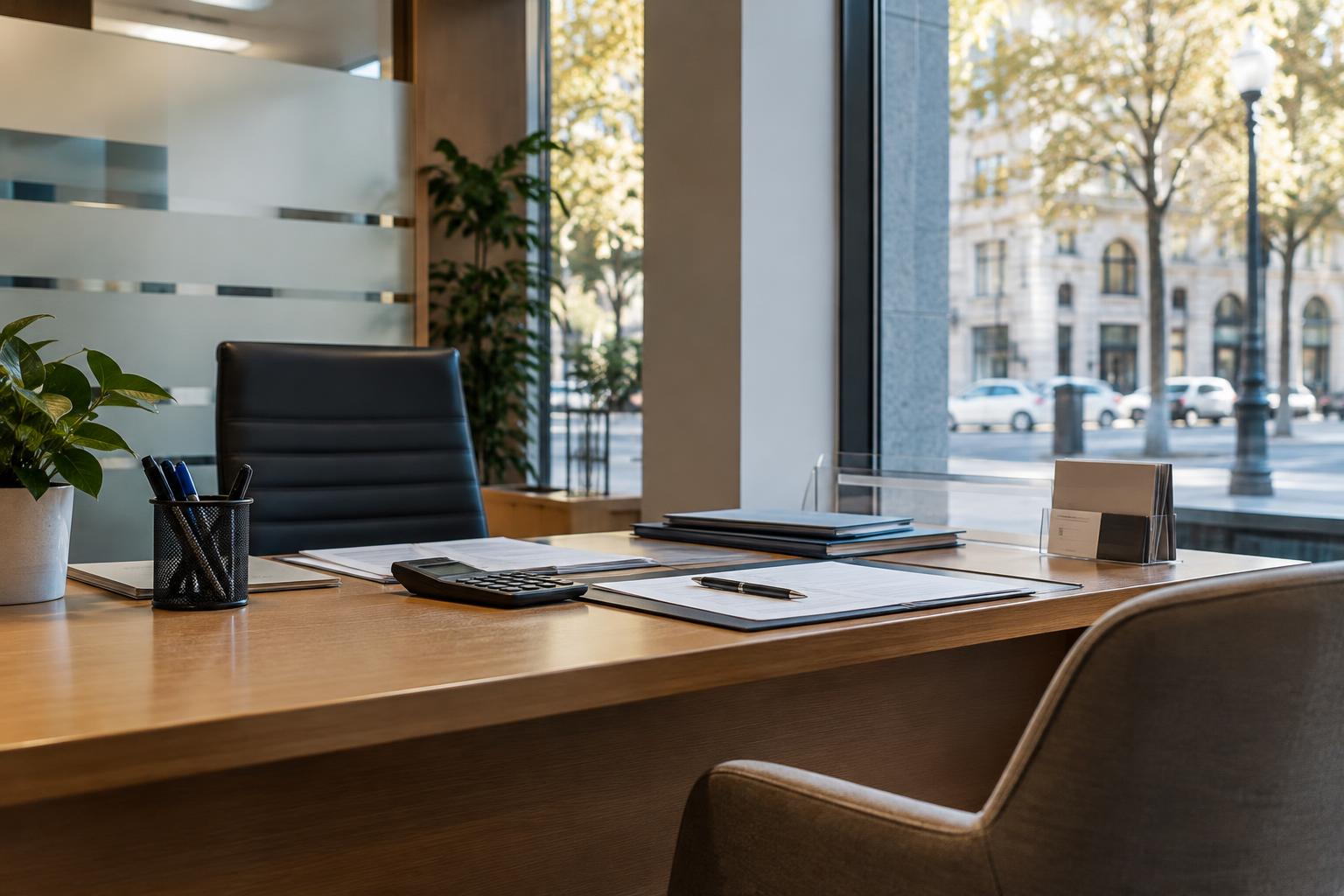 Interior de una sucursal bancaria europea, con una mesa de atención vacía, documentos financieros y una calculadora junto a un ventanal que da a una calle urbana; sin personas reconocibles ni logotipos.