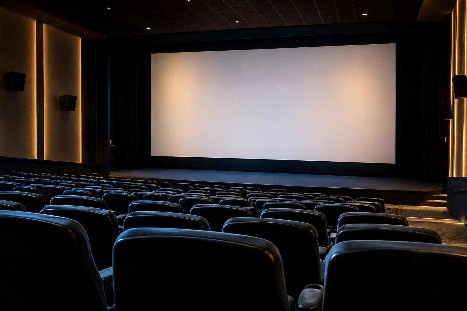 Interior de una sala de cine con filas de butacas vacías y una gran pantalla iluminada antes de una proyección, luz tenue y ambiente de festival cinematográfico, sin personas reconocibles.