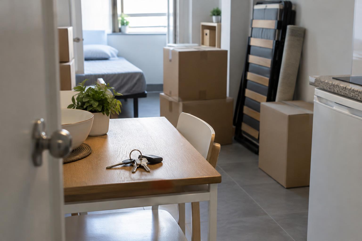 Fotografía documental realista del interior de un pequeño estudio residencial: un manojo de llaves sobre una mesa de cocina estrecha ocupa el primer plano, con cajas de mudanza cerradas y una cama plegable al fondo. Encuadre diagonal desde la entrada, luz natural fría entrando por una ventana lateral, ambiente sobrio y cotidiano, sin personas, texto visible ni logotipos.