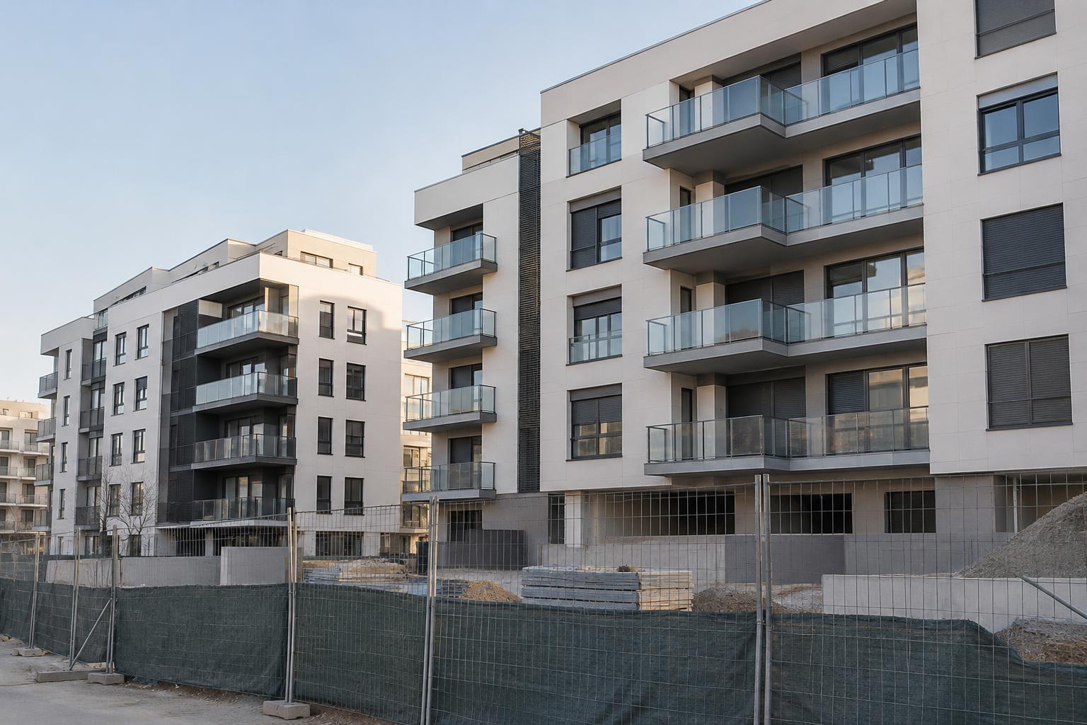 Fotografía realista a pie de calle de edificios residenciales de obra nueva en una ciudad española, con una valla de obra en primer plano y balcones al fondo, luz fría de primera hora y encuadre sobrio de estilo documental, sin carteles, texto, logotipos ni personas.