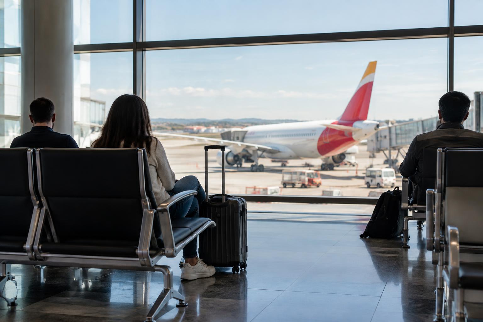 Interior de una terminal aeroportuaria española, con una zona de embarque y un avión de Iberia visible a través de los ventanales, maletas de cabina junto a los asientos y viajeros de espaldas sin rostros reconocibles.