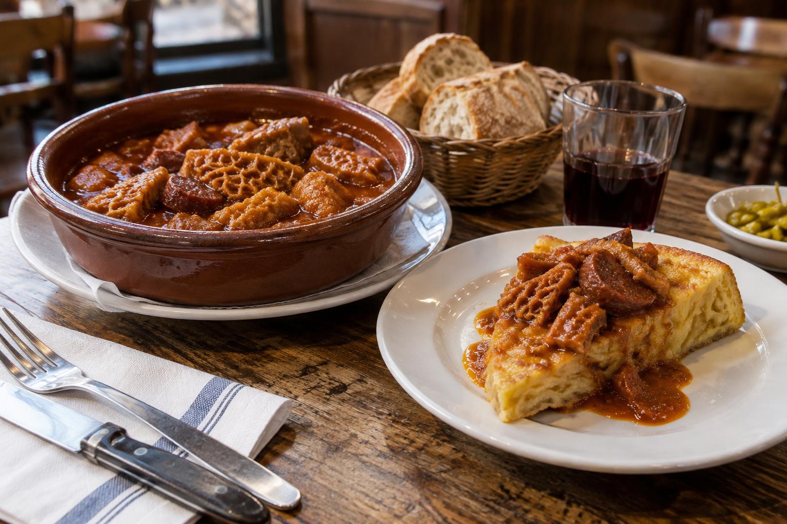 Mesa de madera en una taberna madrileña, con una cazuela de callos de salsa rojiza junto a una tortilla de patata cubierta con una porción del guiso, pan y vajilla sencilla, luz natural y sin personas reconocibles.