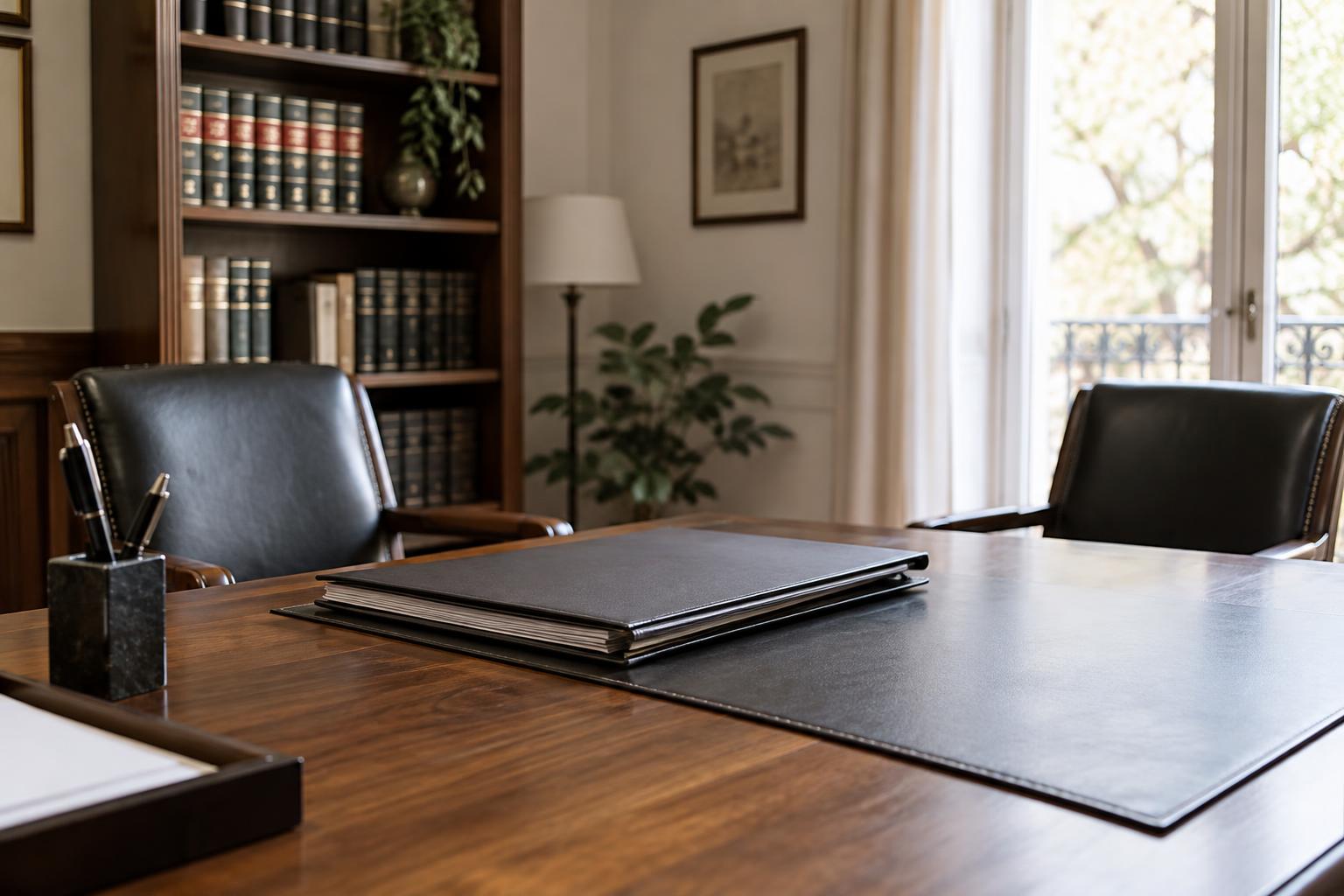Interior de un despacho jurídico con una carpeta de documentos cerrada sobre una mesa de madera, dos sillas vacías y luz natural entrando por una ventana, sin nombres ni textos legibles.