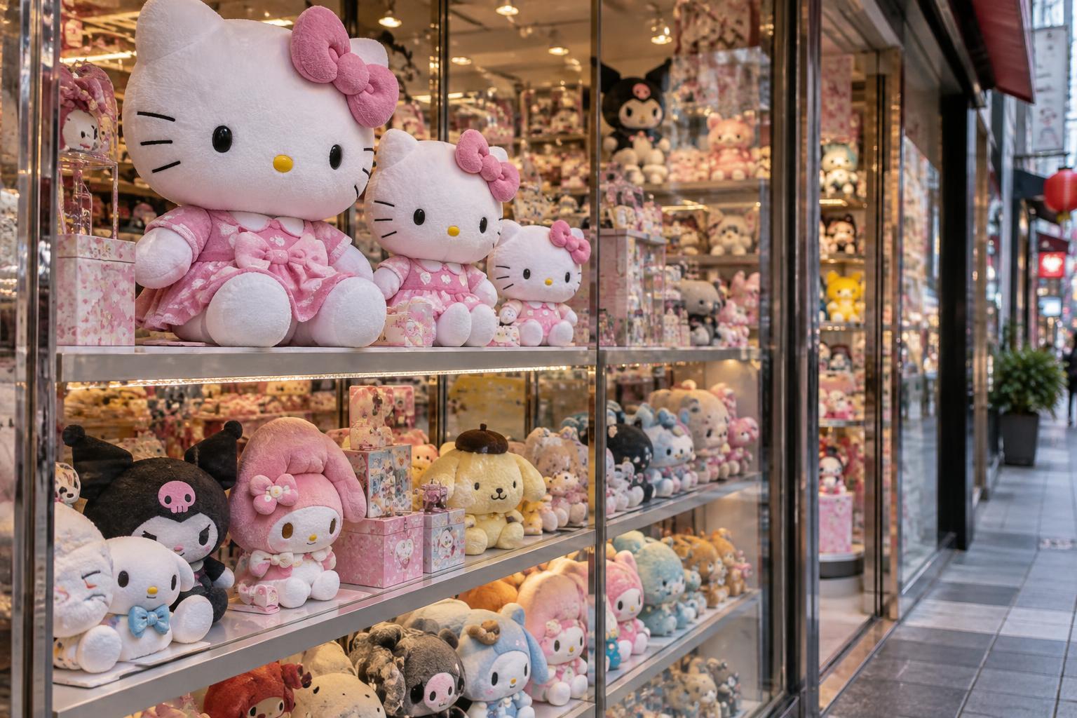 Escaparate de una tienda de juguetes en una calle comercial asiática, con peluches de Hello Kitty de lazo rosa y otros muñecos en estantes iluminados, sin personas reconocibles ni carteles de boicot.