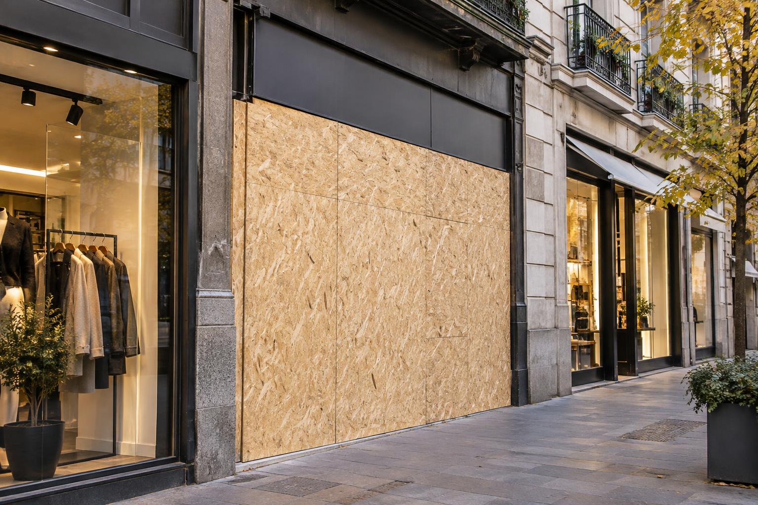 Fachada de una tienda en una calle comercial del centro de Madrid, con paneles de protección sobre el escaparate y comercios contiguos abiertos, luz natural de otoño, sin personas reconocibles.