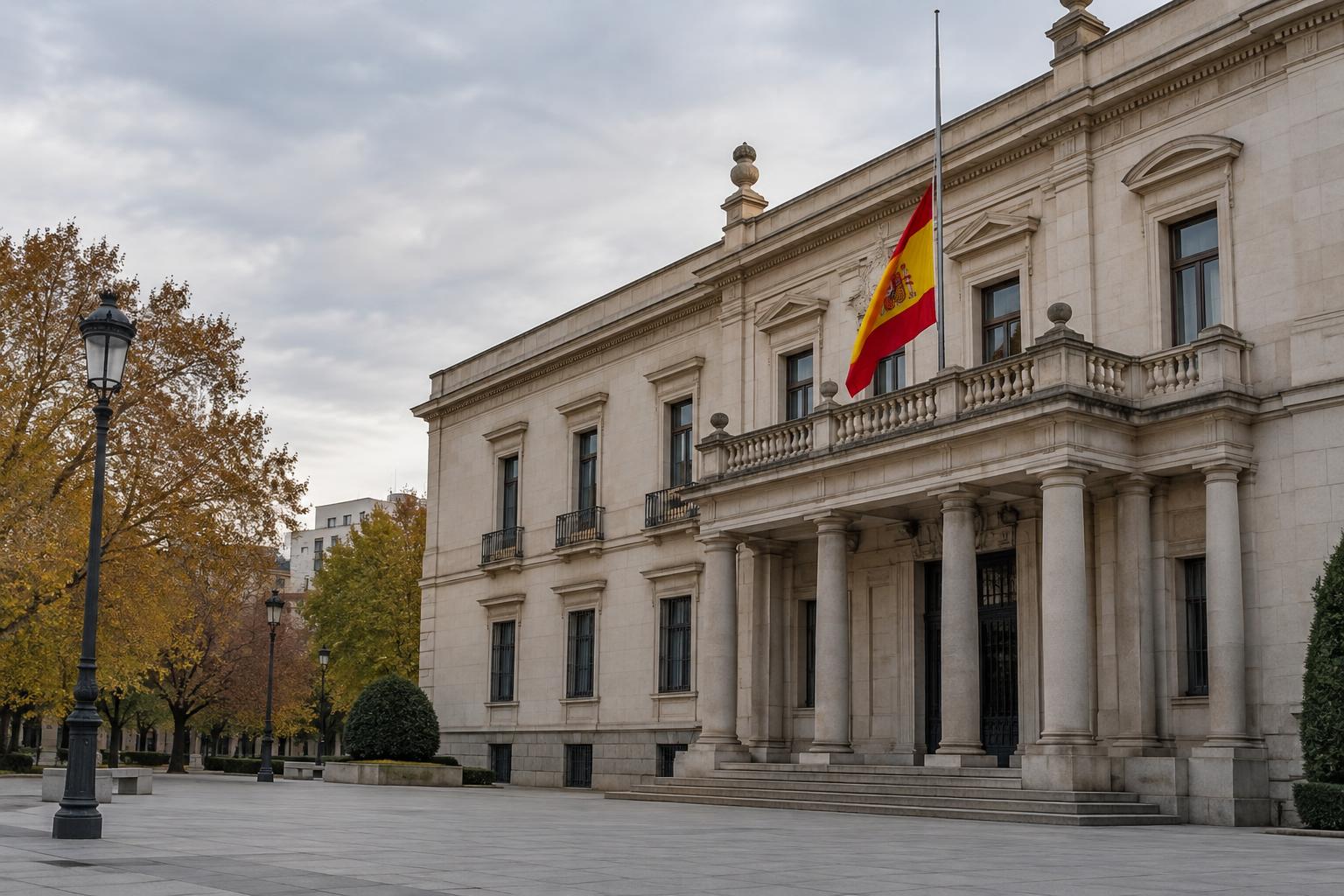 Fachada de un edificio público español con la bandera nacional a media asta, en una plaza tranquila bajo un cielo otoñal, sin personas reconocibles.