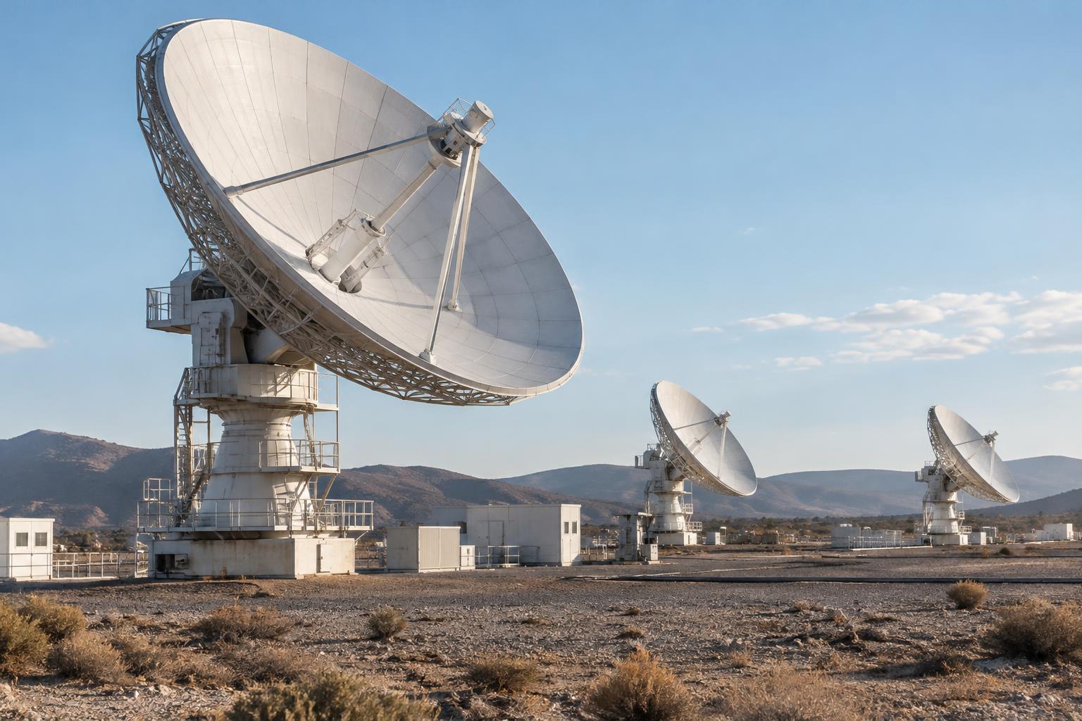 Vista realista de una instalación de comunicaciones por satélite en un paisaje árido, con antenas parabólicas y equipos técnicos, sin personas, banderas ni emblemas identificables.