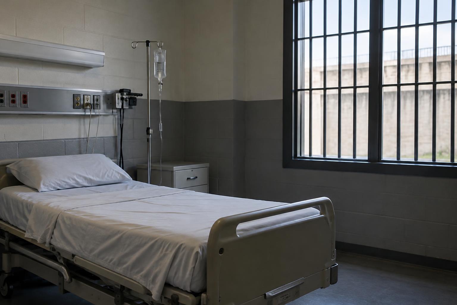 Interior austero de una enfermería penitenciaria estadounidense, con una cama hospitalaria vacía, un soporte de suero y una ventana protegida por barrotes, sin personas ni elementos gráficos.