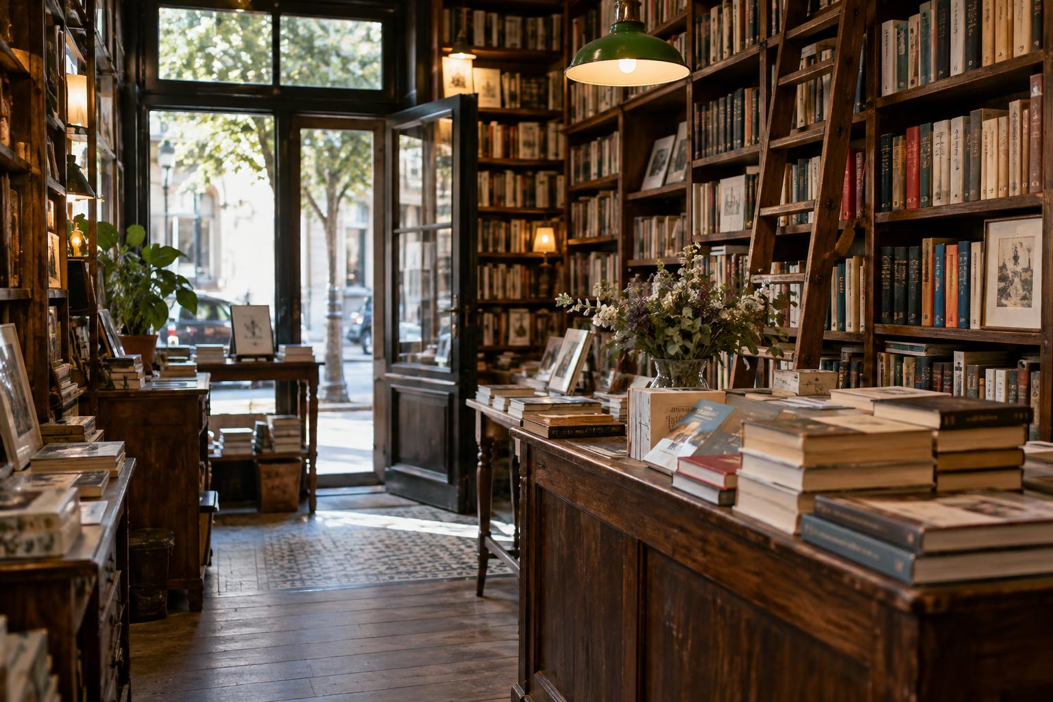 Interior de una librería histórica madrileña, con antiguas estanterías de madera repletas de libros, un mostrador y luz natural entrando desde un escaparate a pie de calle, sin personas reconocibles.