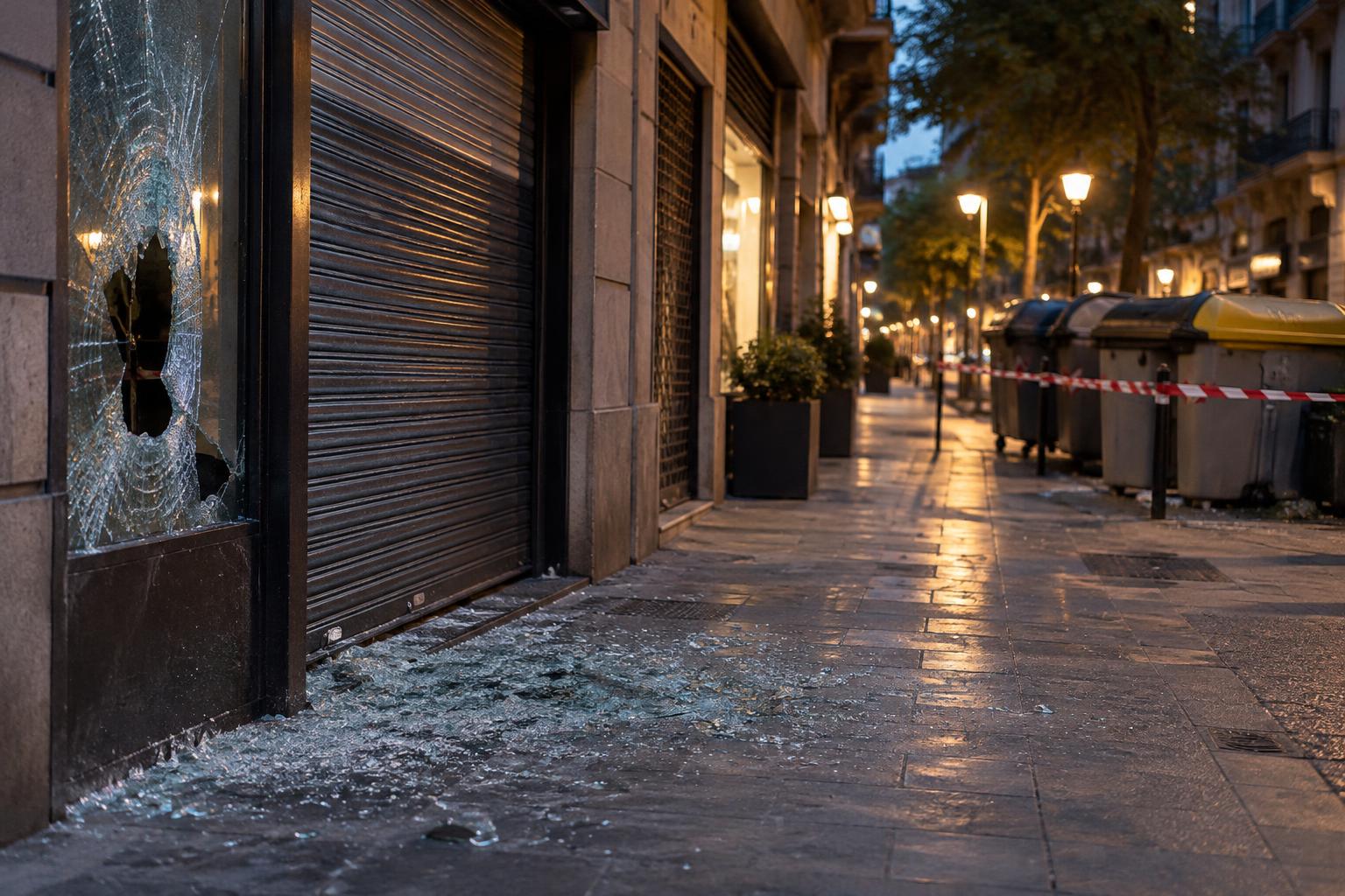 Calle comercial de Barcelona al anochecer, con la persiana de un comercio bajada, cristales rotos en la acera y una zona de contenedores acordonada, sin personas reconocibles.