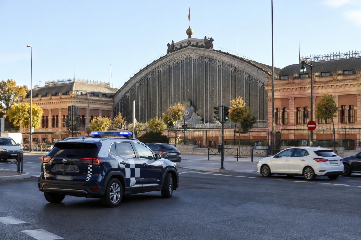 Exterior de la estación de Atocha en Madrid durante la mañana, con tráfico urbano y un vehículo de la Policía Municipal en las inmediaciones, sin personas reconocibles.