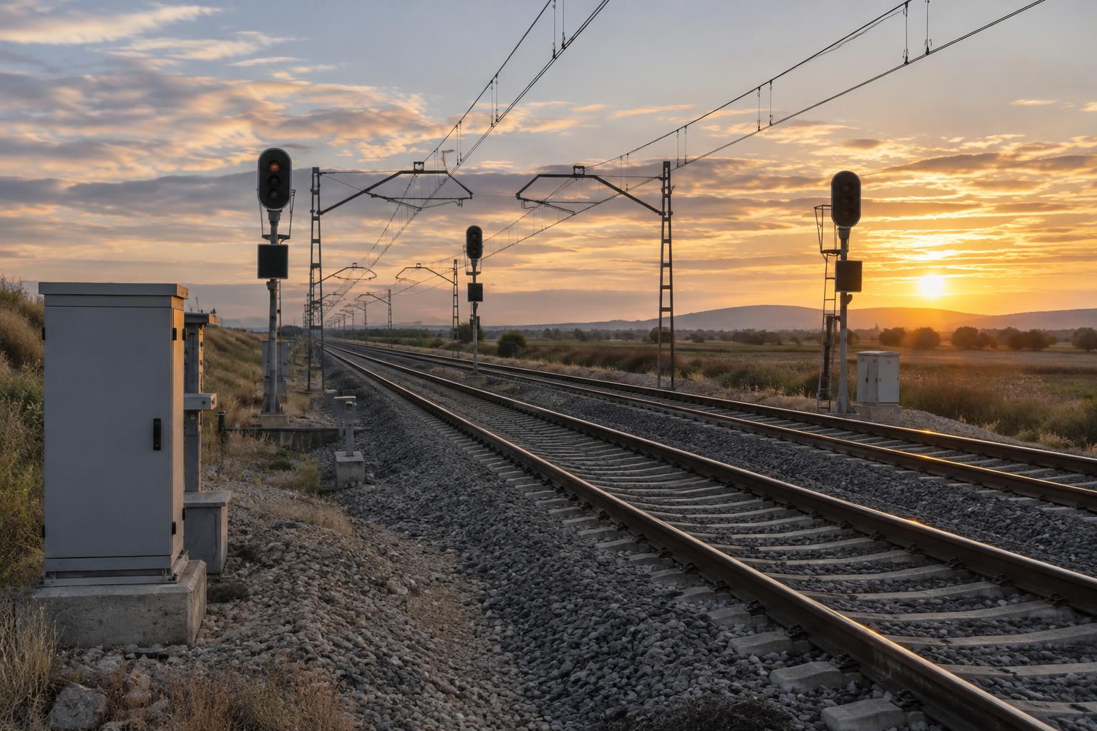Vista realista de varias vías ferroviarias y señales junto a un armario técnico cerrado en un tramo de la meseta castellana, con luz de última hora de la tarde, sin trenes accidentados ni personas reconocibles.