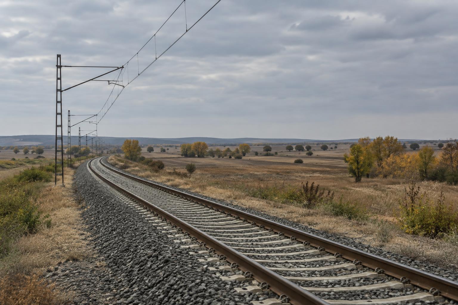 Vía ferroviaria en un paisaje rural de la provincia de Toledo, con campos de otoño y cielo gris, sin trenes accidentados ni personas reconocibles.