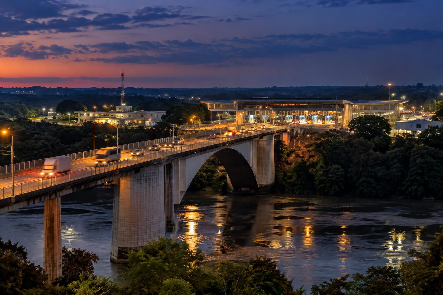 Vista realista del puente internacional entre Foz de Iguaçu y Puerto Iguazú al anochecer, con vehículos circulando y las instalaciones fronterizas iluminadas, sin personas reconocibles.