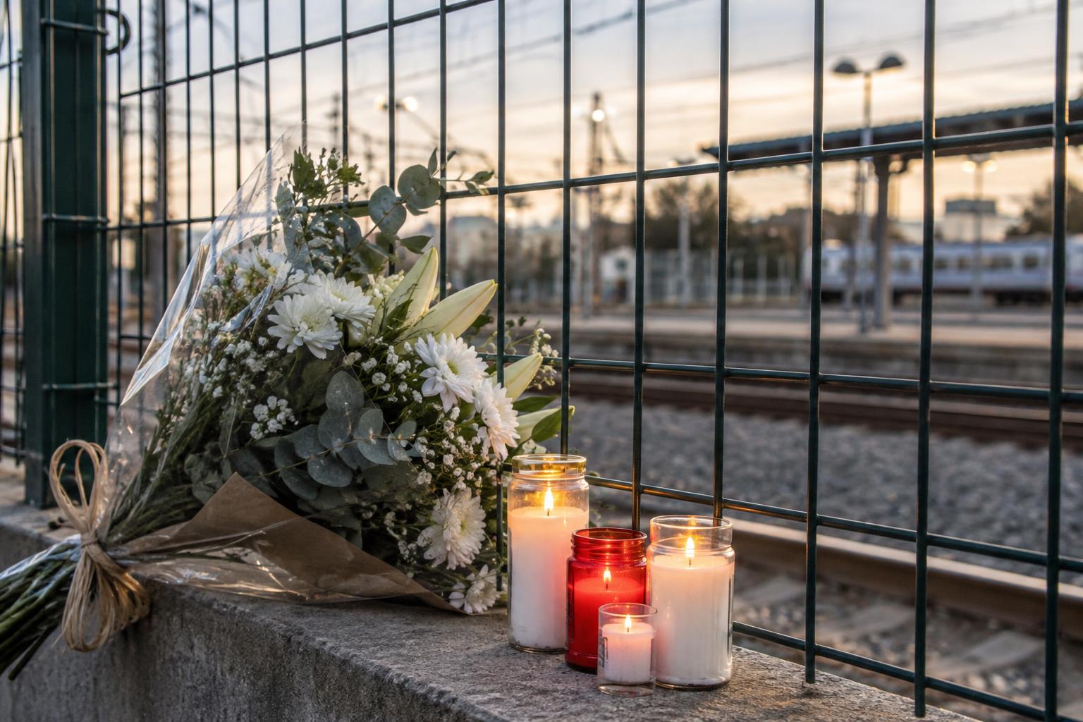 Velas y flores junto a una valla exterior de una estación ferroviaria española, con vías desenfocadas al fondo, luz natural y sin personas reconocibles.