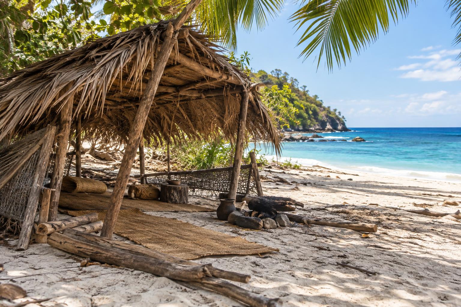 Una playa tropical con un refugio de madera y hojas de palma, esterillas sobre la arena y el mar al fondo, sin personas, en una escena realista de un campamento de supervivencia.