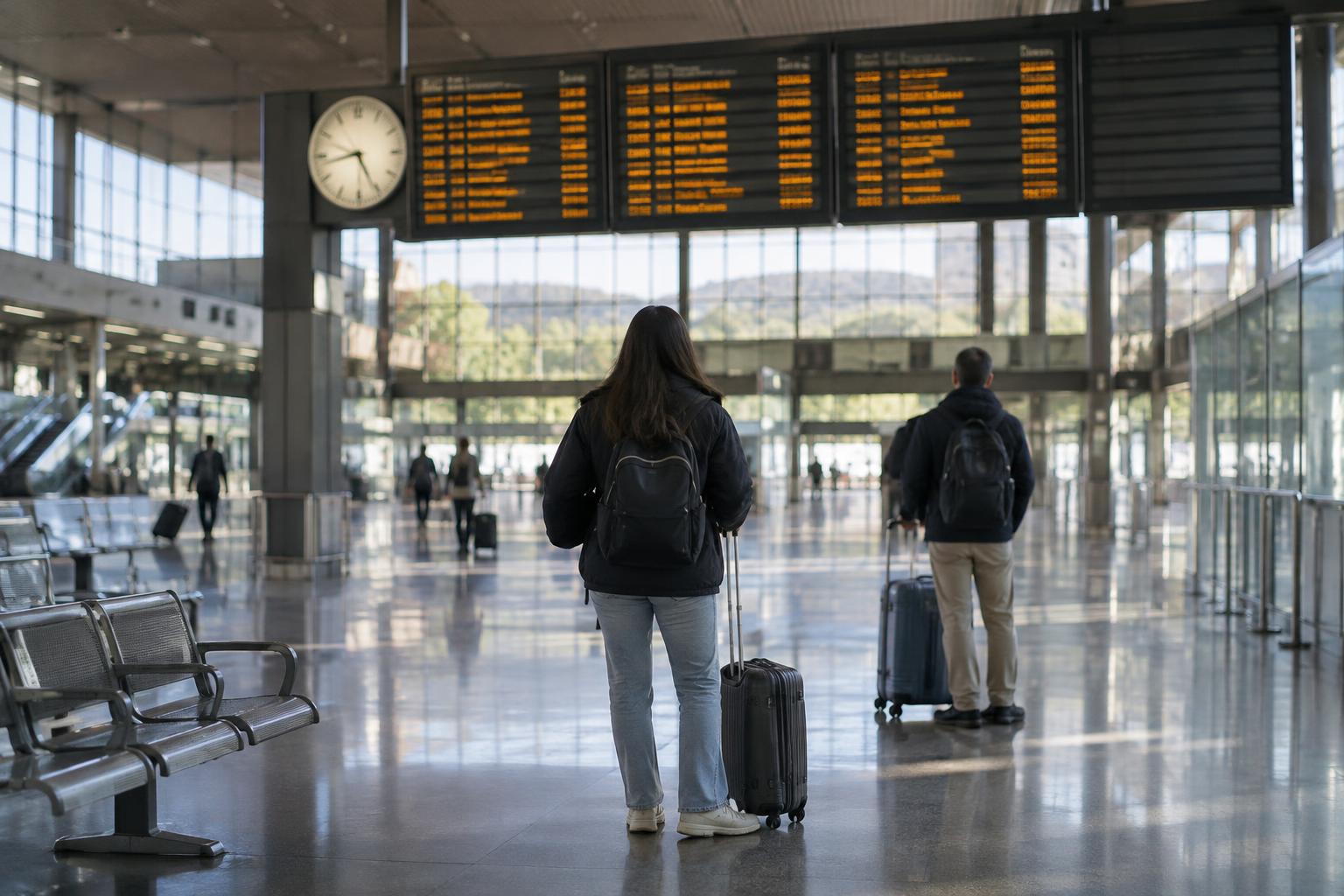 Interior de una estación ferroviaria madrileña, con andenes casi vacíos, paneles de salidas con servicios cancelados y viajeros de espaldas consultando la información, sin rostros reconocibles.