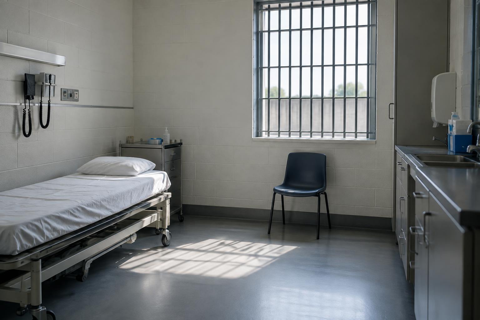Interior austero de una enfermería penitenciaria vacía, con una cama médica, una silla y una ventana con barrotes, iluminado por luz natural, sin personas ni elementos gráficos.