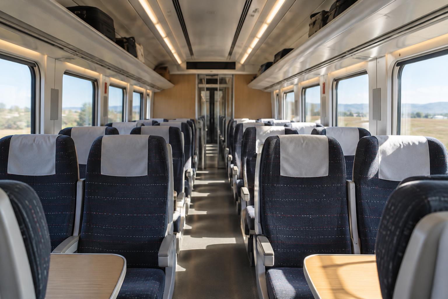 Interior vacío de un vagón de tren de larga distancia, con filas de asientos, portaequipajes y luz natural entrando por las ventanillas, sin personas ni signos de accidente.