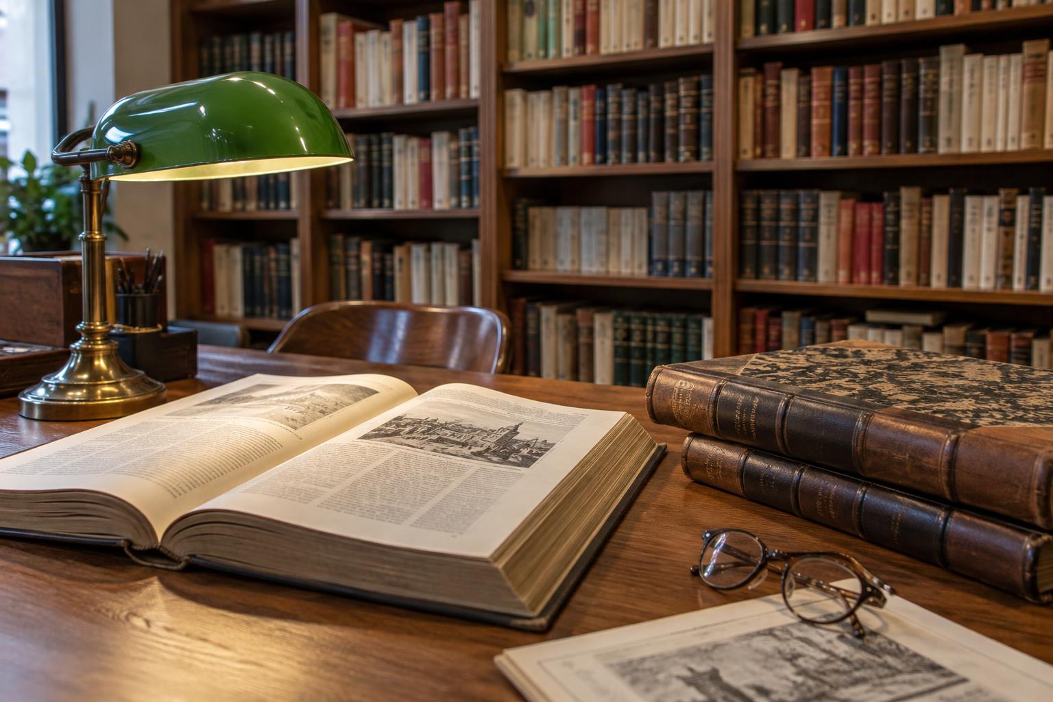 Mesa de lectura de una biblioteca con un volumen grueso abierto, periódicos antiguos encuadernados y unas gafas junto a una lámpara; estanterías de literatura española al fondo, sin personas.