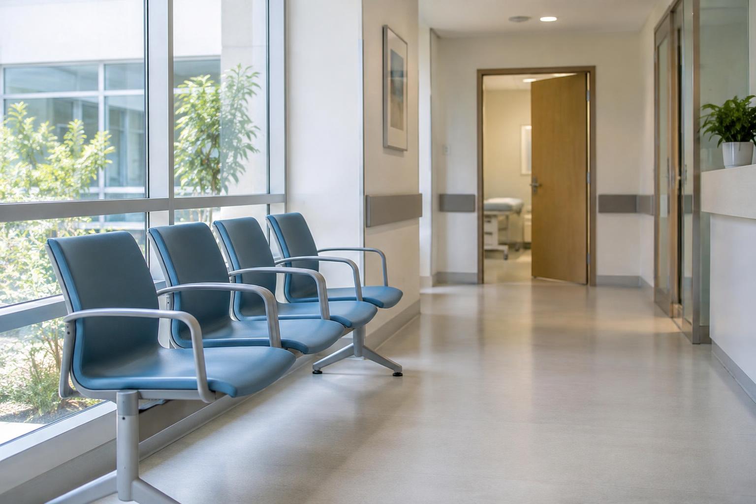 Interior realista de una sala de espera hospitalaria luminosa, con una fila de sillas vacías junto a una ventana y una puerta de consulta al fondo, sin pacientes ni personal identificable.
